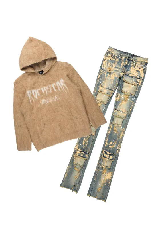 Andros Beige/Tint Blue Mohair Hoodie/Super Stacked Flare Jean Set sold by Rockstar Original