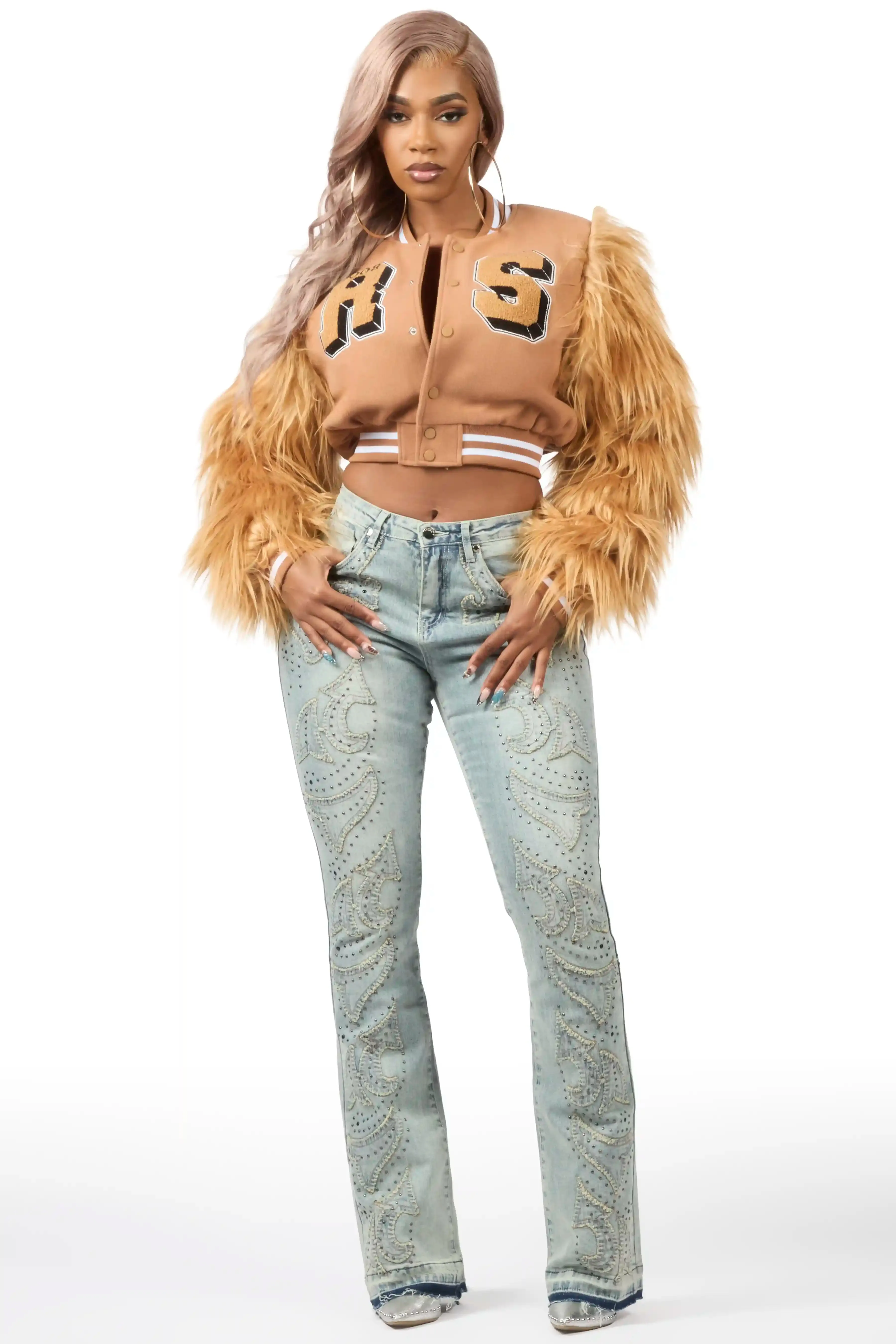 Jameicia Mocha Fur Sleeve Varsity Jacket sold by Rockstar Original product image thumbnail 3
