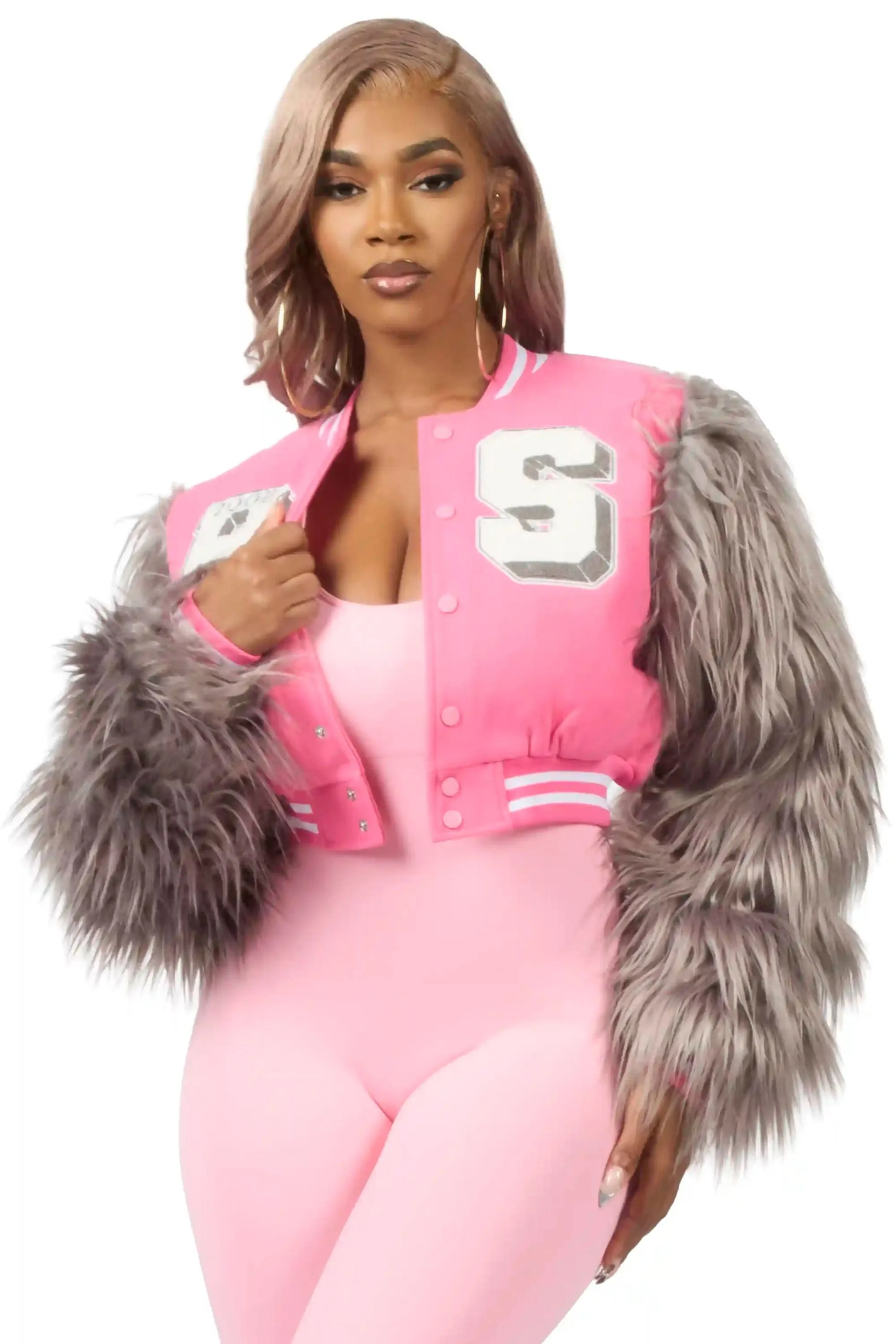 Jameicia Pink/Grey Fur Sleeve Varsity Jacket sold by Rockstar Original