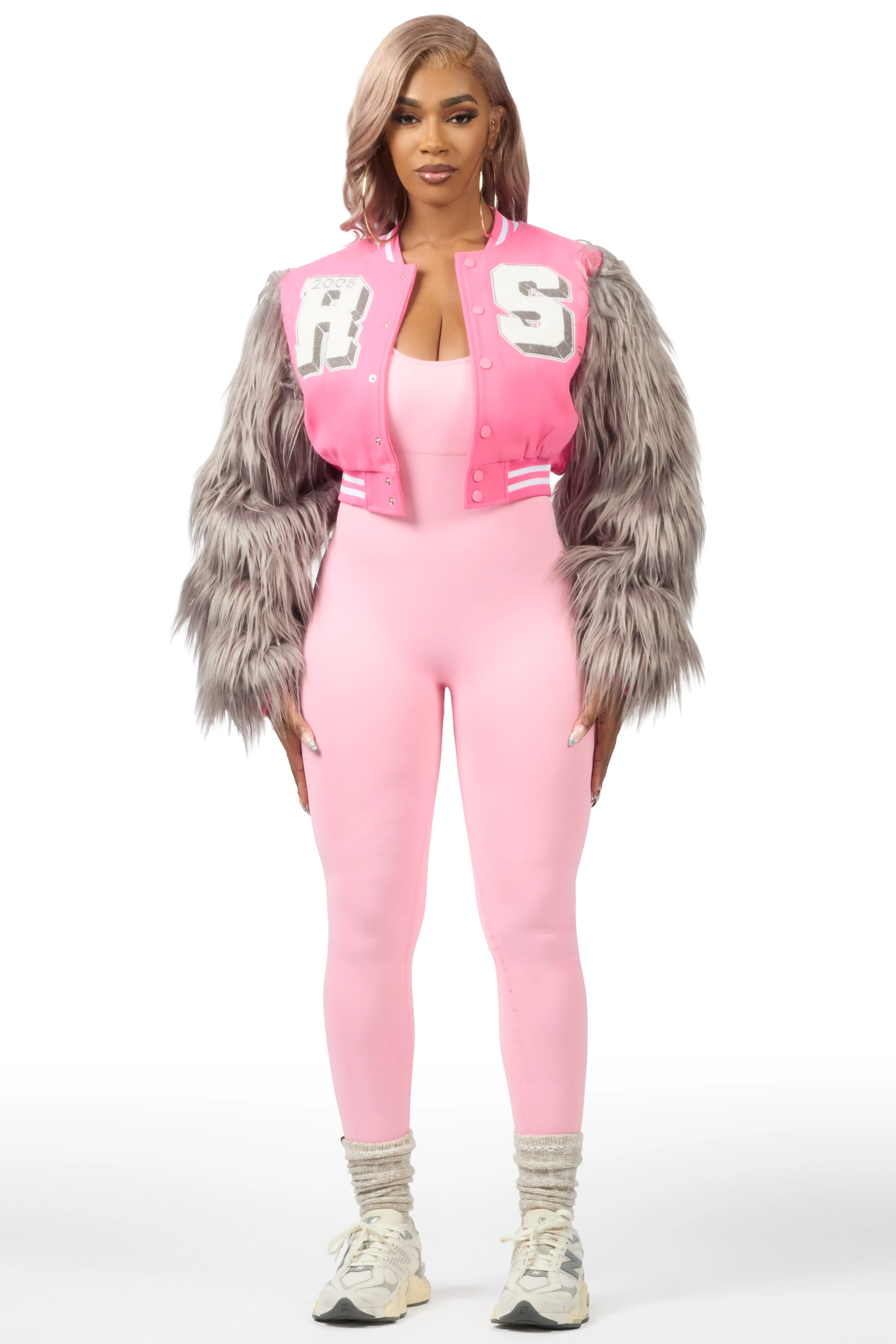 Jameicia Pink/Grey Fur Sleeve Varsity Jacket sold by Rockstar Original product image thumbnail 3