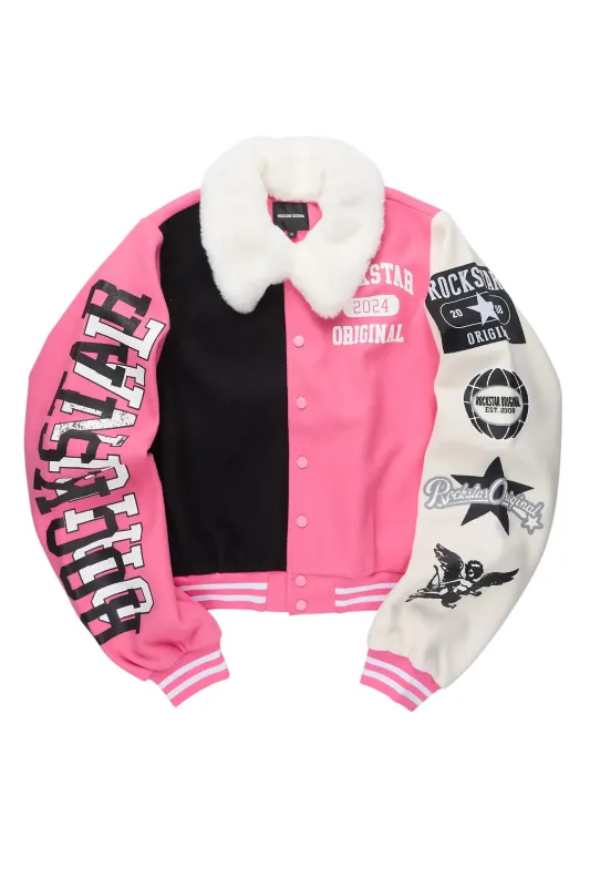 Kisha Pink/Black/White Fur Collar Varsity Jacket sold by Rockstar Original