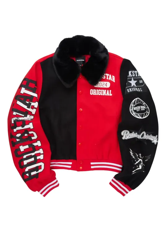Kisha Black/Red/White Fur Collar Varsity Jacket sold by Rockstar Original