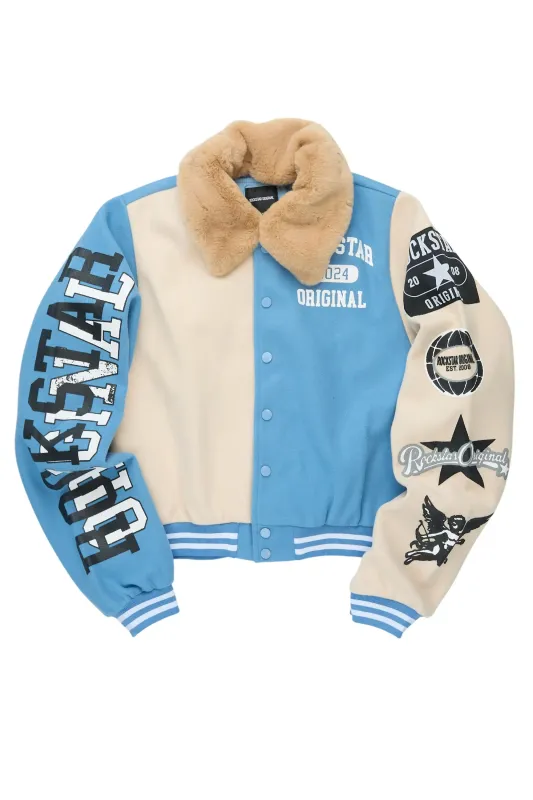 Kisha Blue/Tan Fur Collar Varsity Jacket sold by Rockstar Original