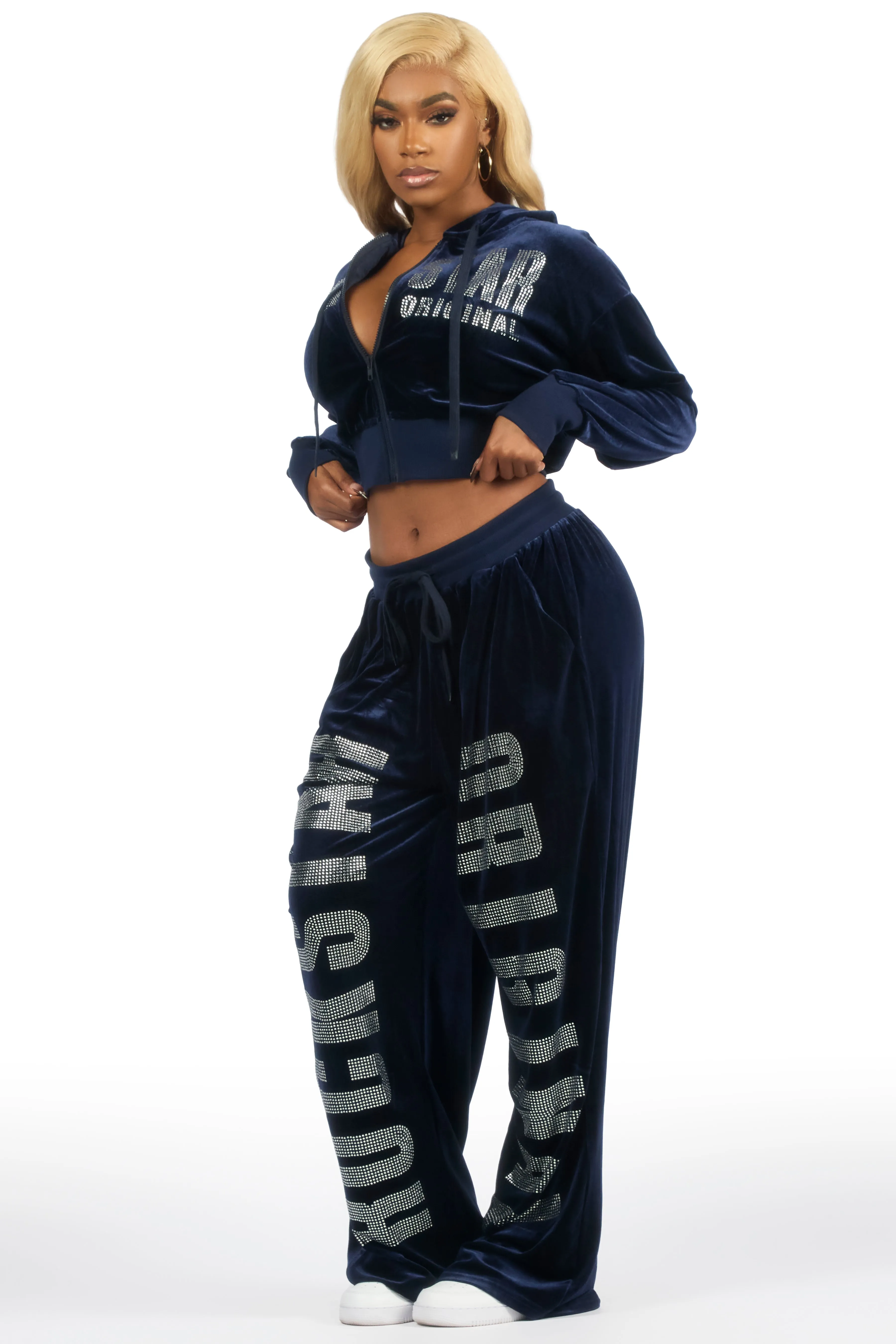 Cadence Navy Rhinestone Velour Baggy Fit Track Set sold by Rockstar Original product image thumbnail 3