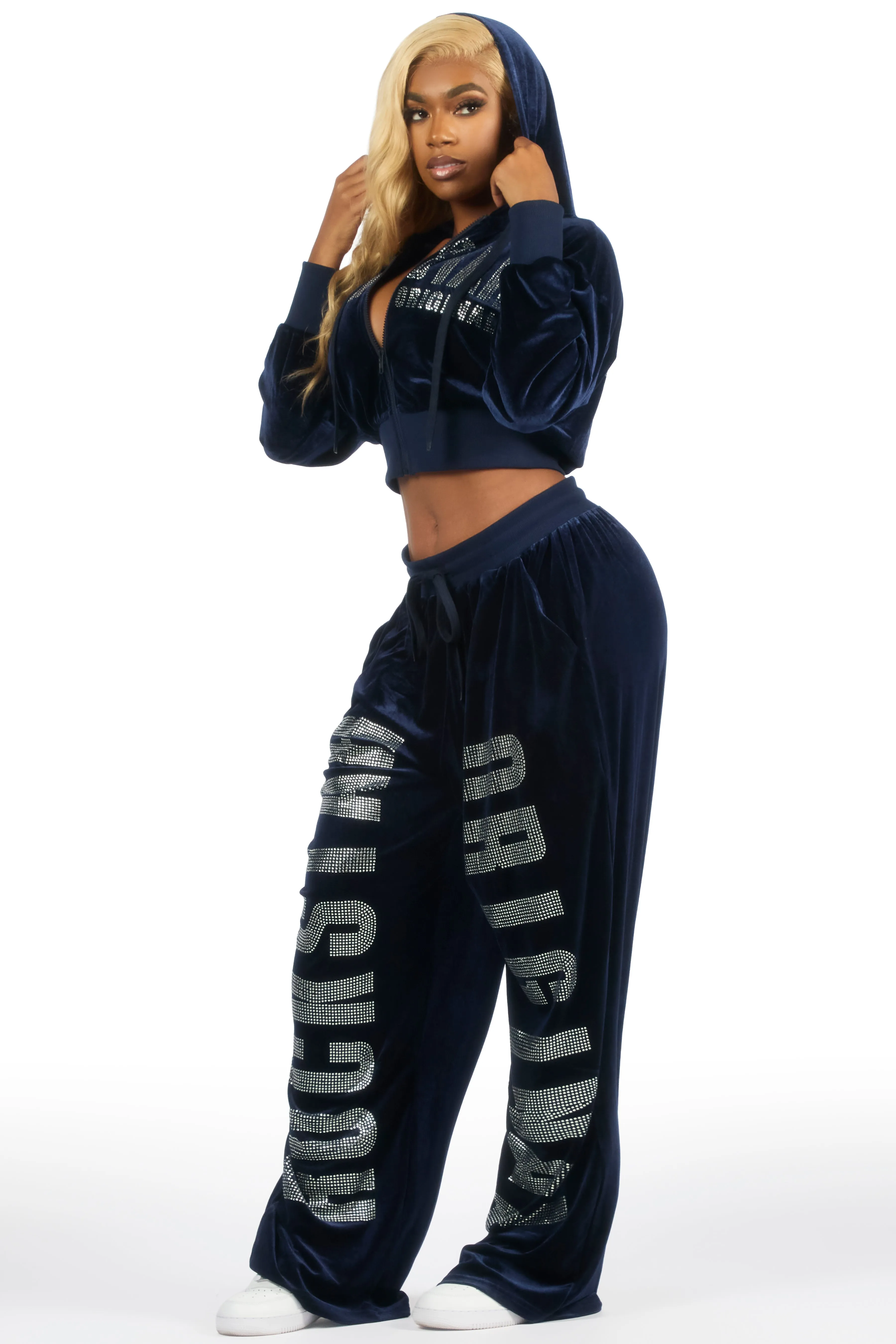 Cadence Navy Rhinestone Velour Baggy Fit Track Set sold by Rockstar Original product image thumbnail 4