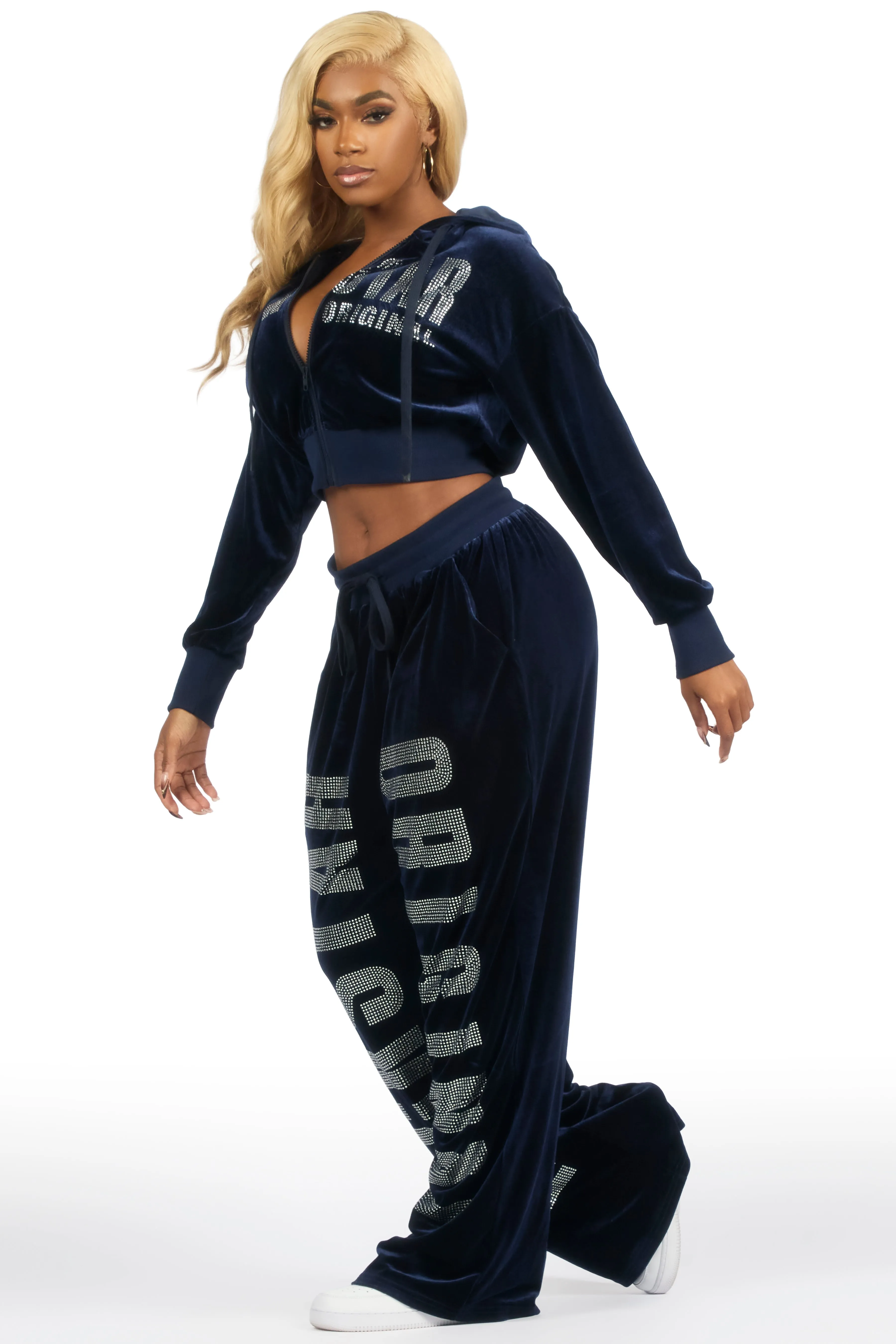 Cadence Navy Rhinestone Velour Baggy Fit Track Set sold by Rockstar Original product image thumbnail 5