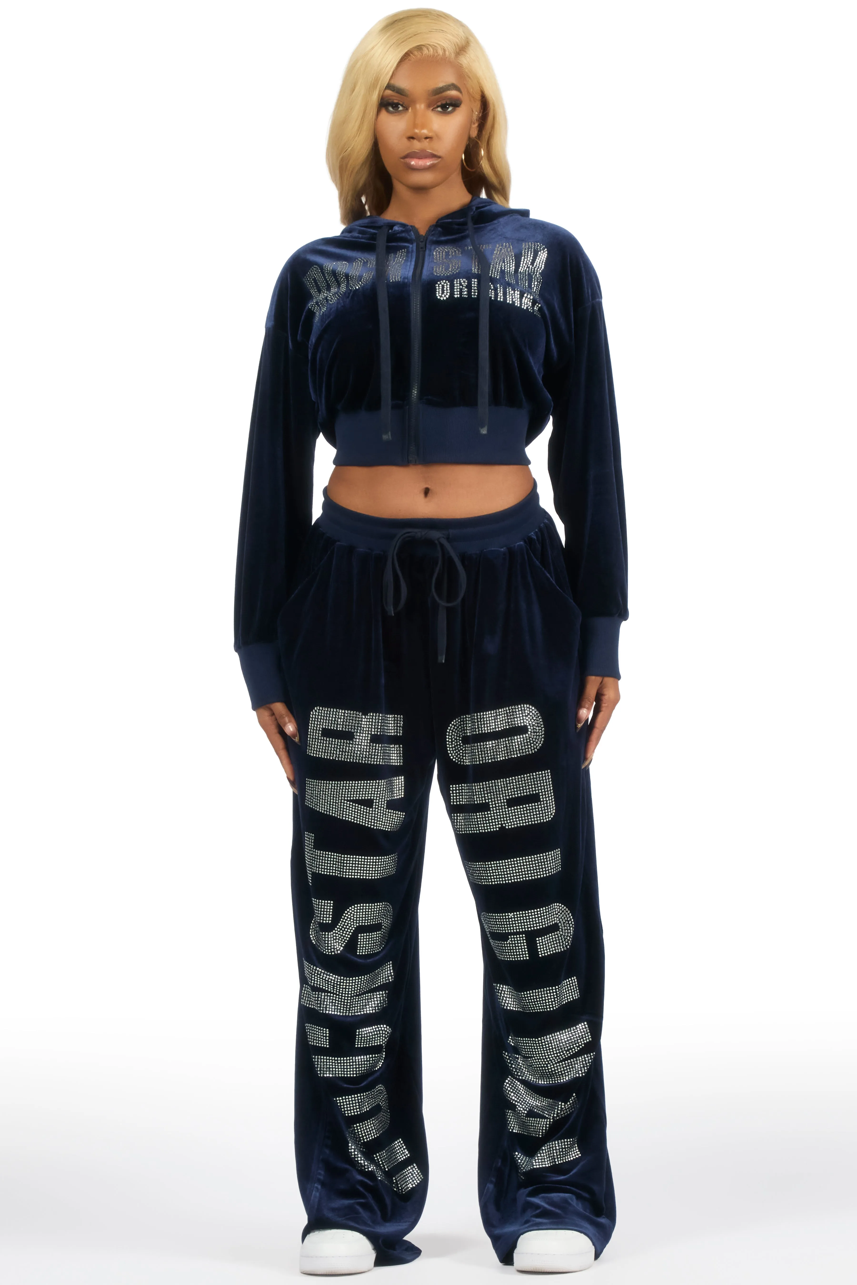 Cadence Navy Rhinestone Velour Baggy Fit Track Set sold by Rockstar Original product image thumbnail 2