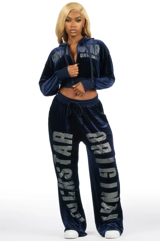 Cadence Navy Rhinestone Velour Baggy Fit Track Set made by Rockstar Original