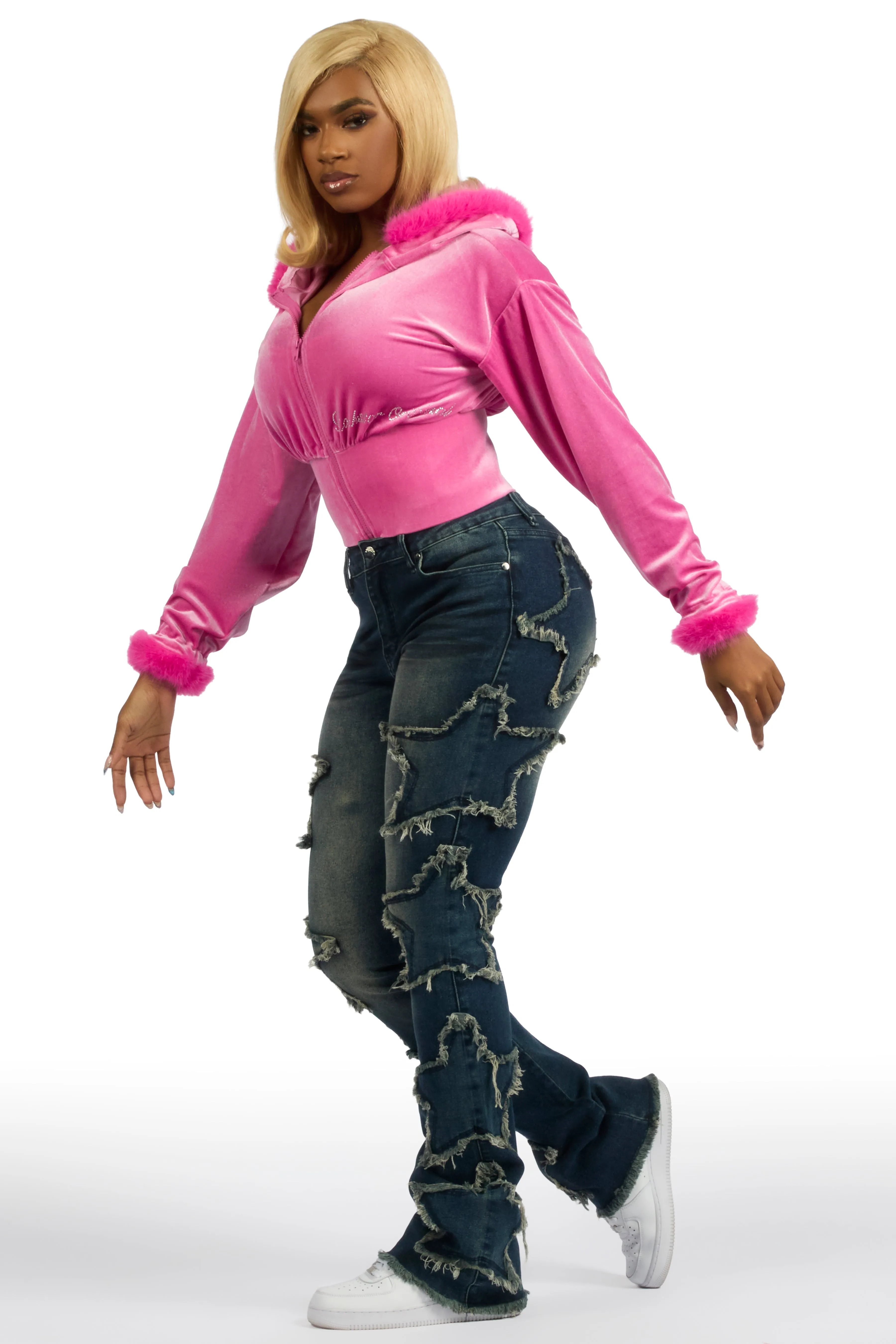 Shanika Pink Velour Crop Hoodie With Fur Hood sold by Rockstar Original product image thumbnail 5