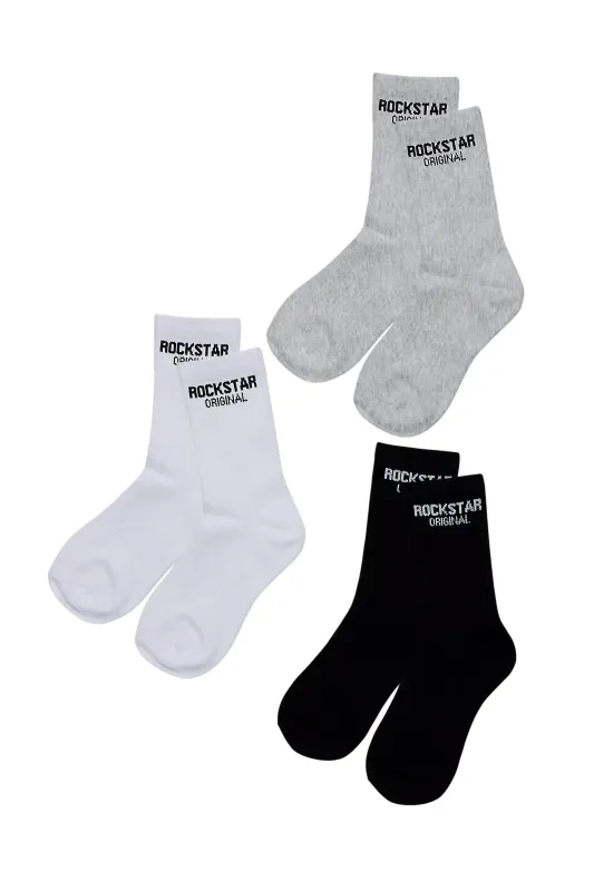 Womens Rockstar Dist White/Black/HeatherGrey Basic Socks 3 Pack sold by Rockstar Original