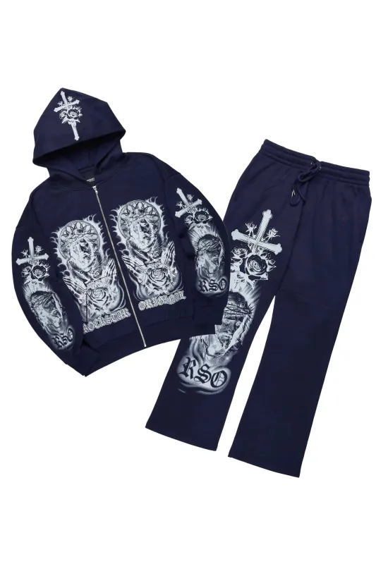 Blasted Navy/White Hoodie/Baggy Pant Track Set sold by Rockstar Original
