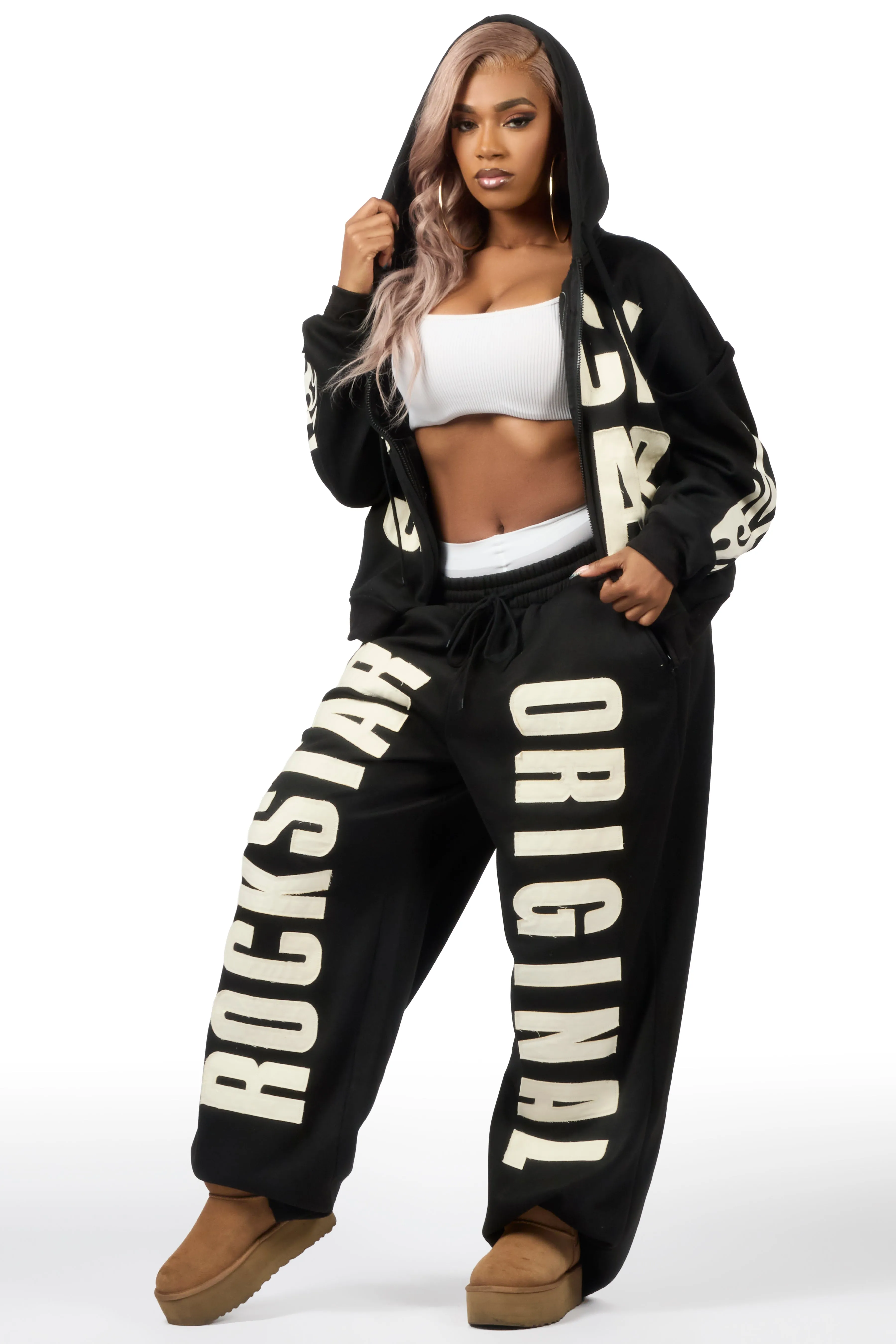 Ashira Black Baggy Fit Zip Up Track Set sold by Rockstar Original product image thumbnail 2