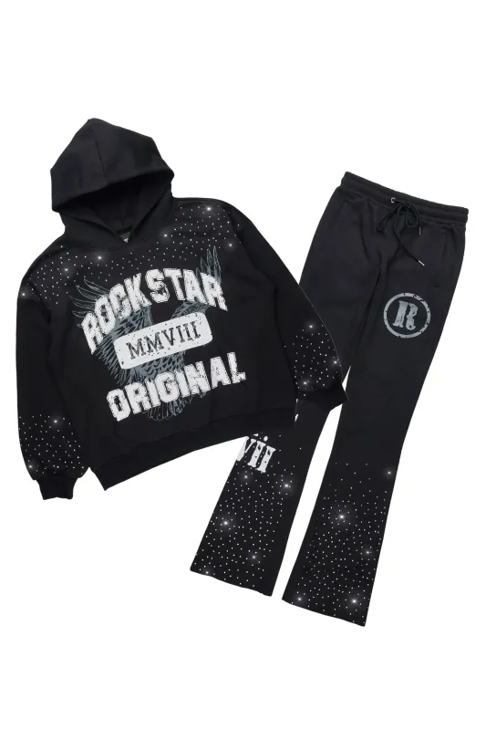 Borya Black Rhinestone Hoodie/Stacked Pant Track Set sold by Rockstar Original