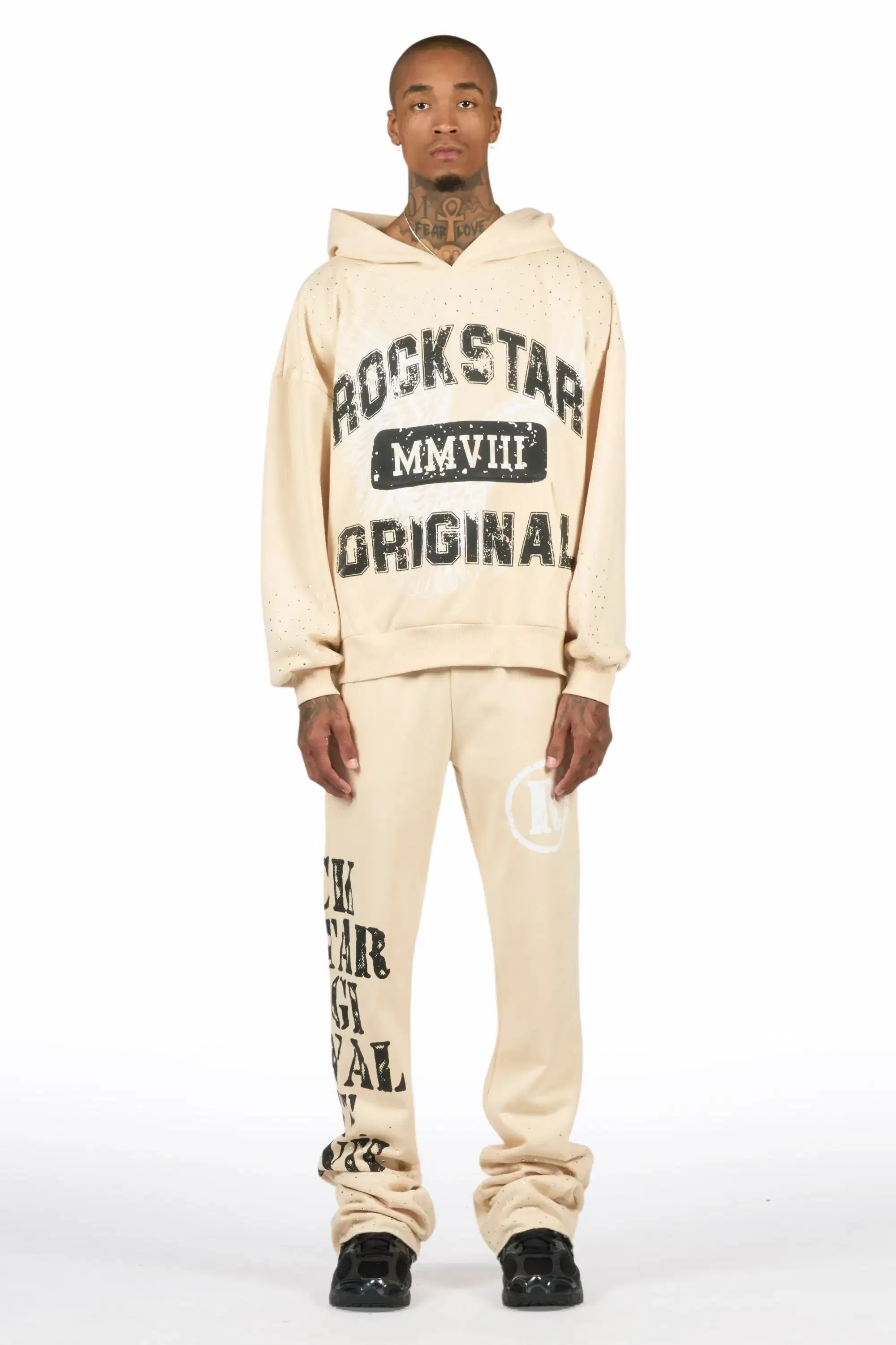 Borya Beige Rhinestone Hoodie/Stacked Pant Track Set sold by Rockstar Original product image thumbnail 2