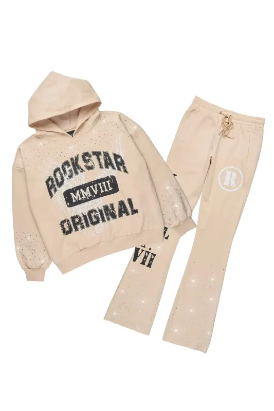 Borya Beige Rhinestone Hoodie/Stacked Pant Track Set sold by Rockstar Original