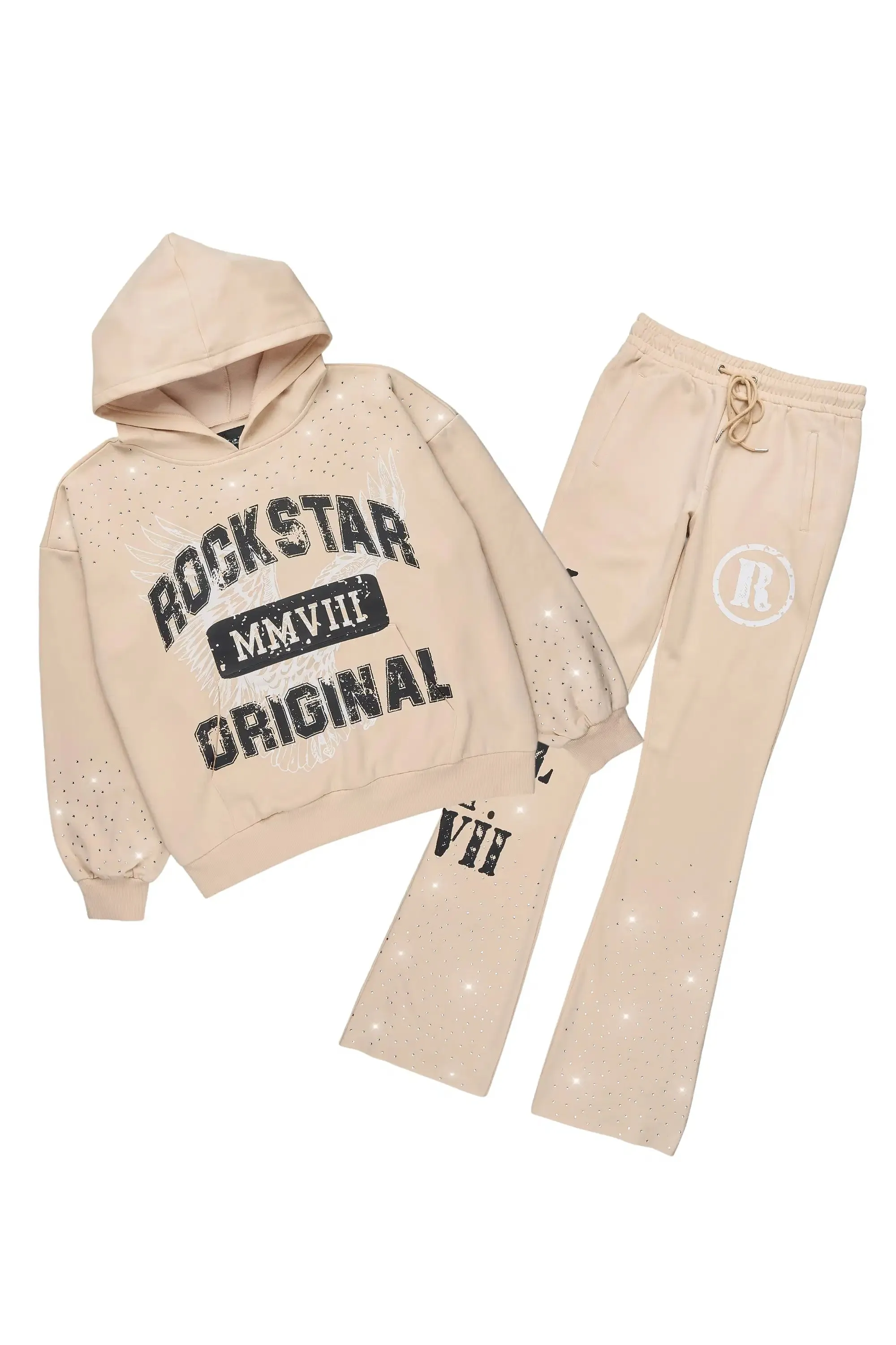 Borya Beige Rhinestone Hoodie/Stacked Pant Track Set sold by Rockstar Original