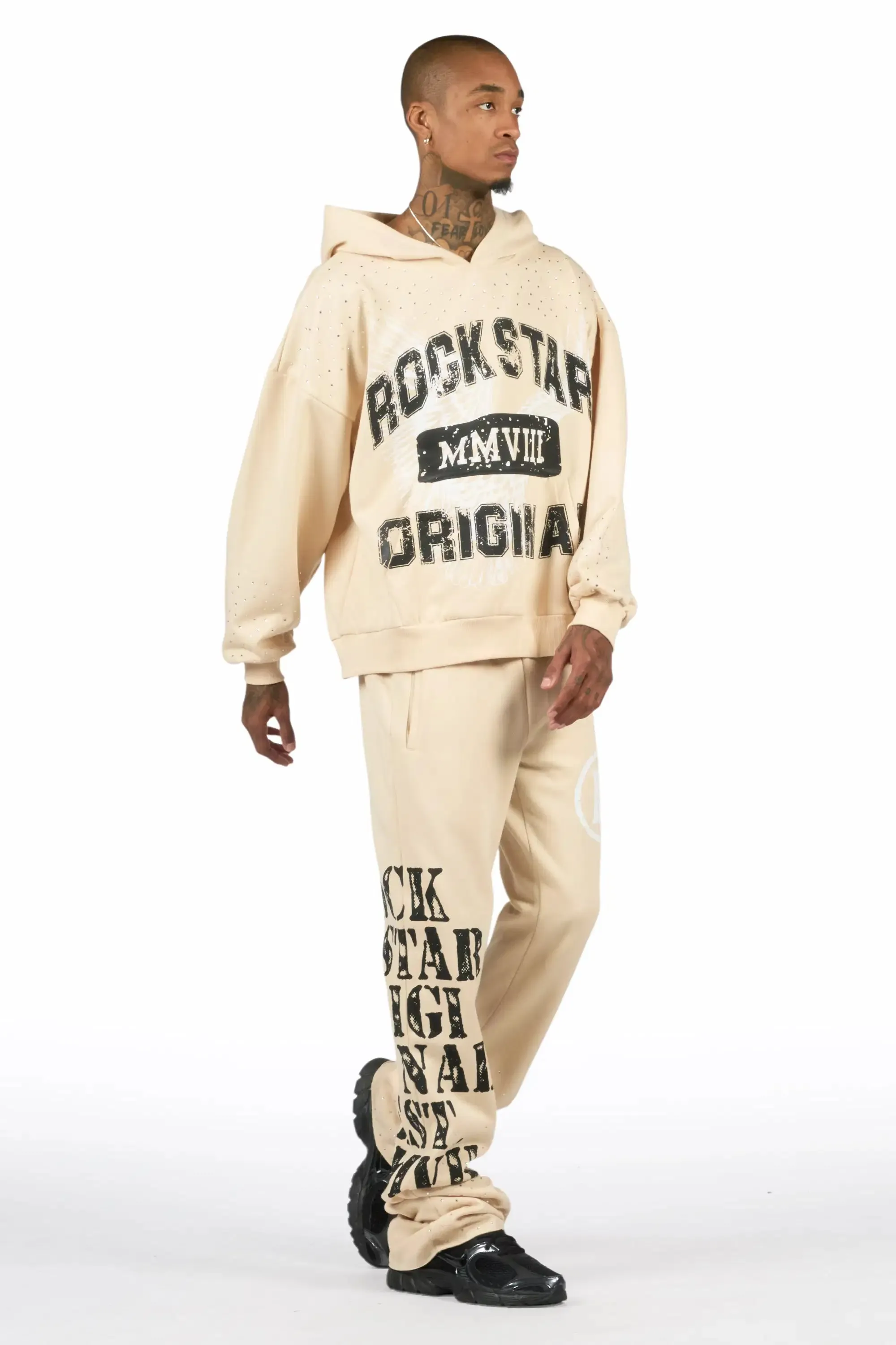 Borya Beige Rhinestone Hoodie/Stacked Pant Track Set sold by Rockstar Original product image thumbnail 3