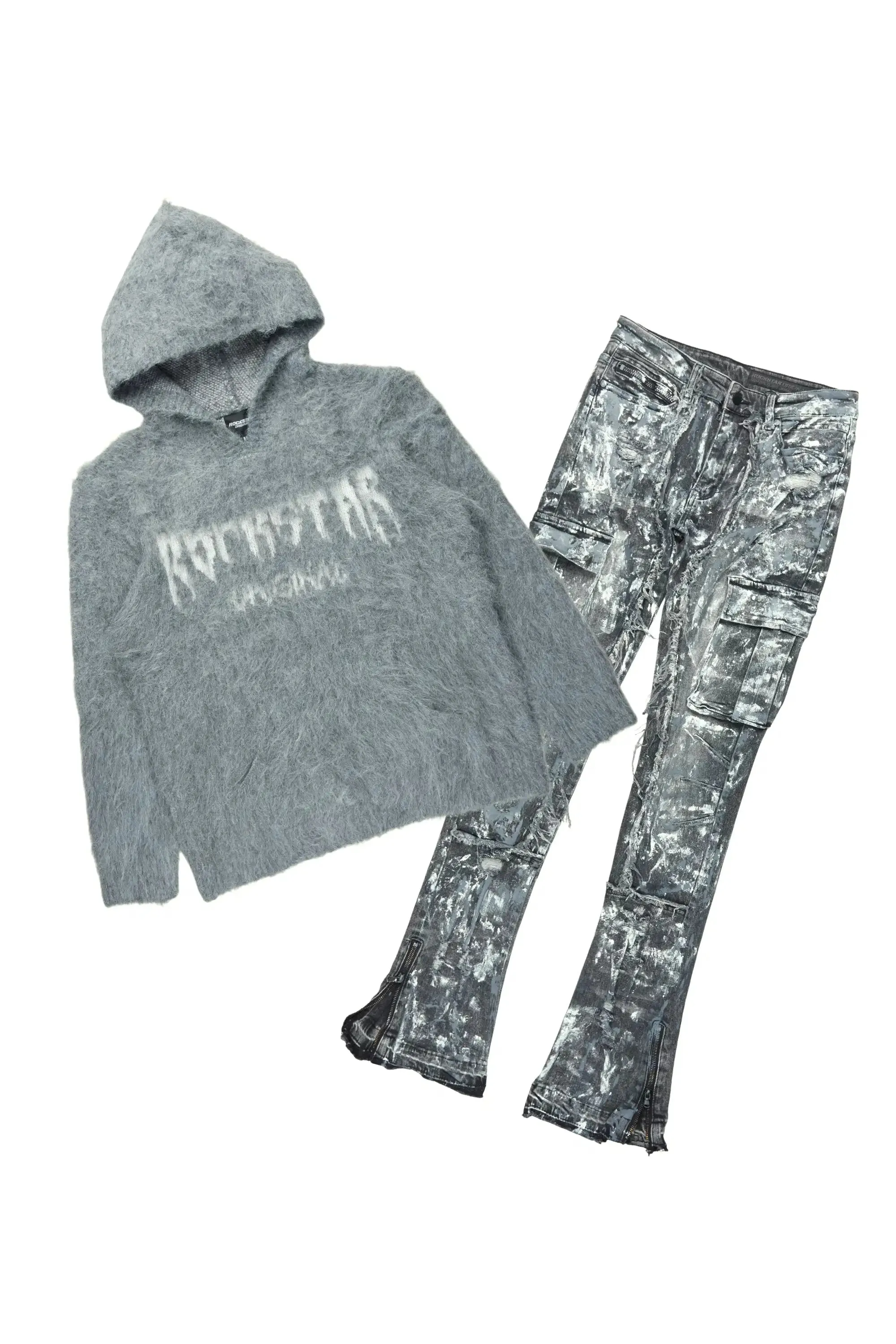Andros Grey/Dark Grey Mohair Hoodie/Stacked Flare Jean Set sold by Rockstar Original