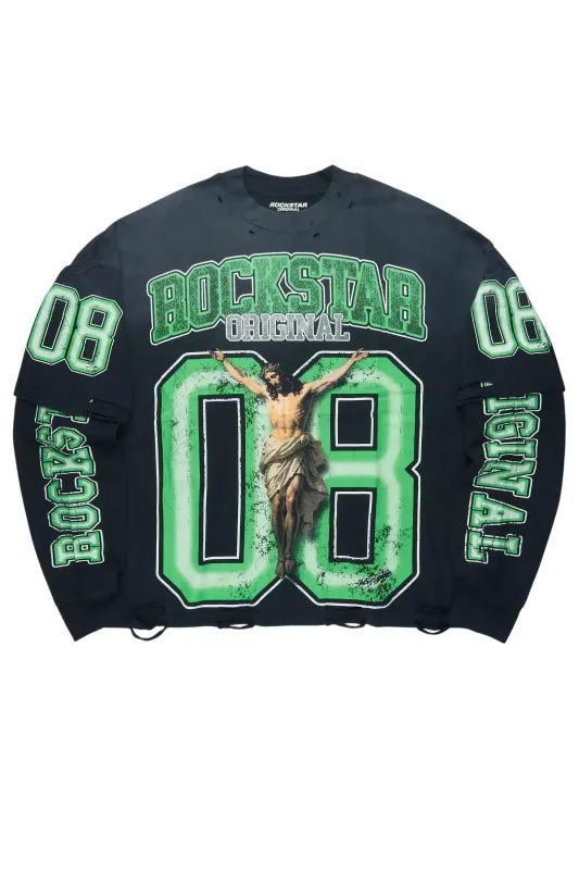 Fields Black/Green Double Layer Long Sleeve Graphic T-Shirt sold by Rockstar Original