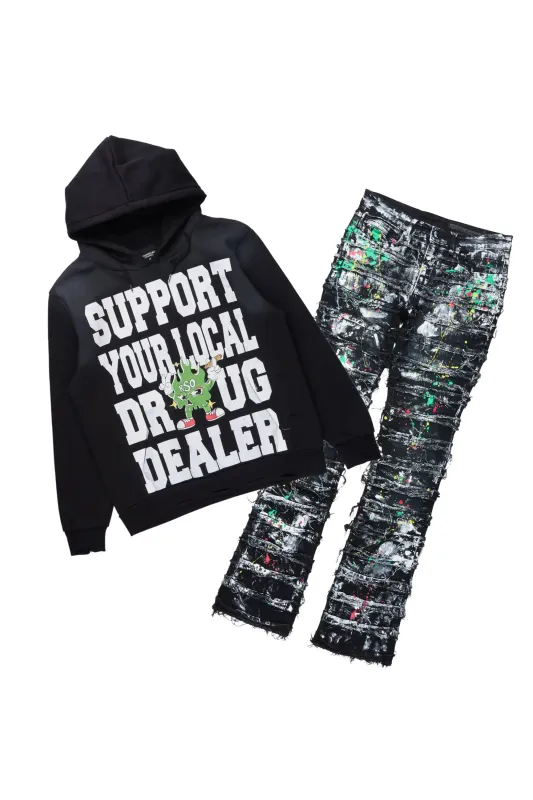 Tarl Black/Black Hoodie/Stacked Flare Jean Set sold by Rockstar Original