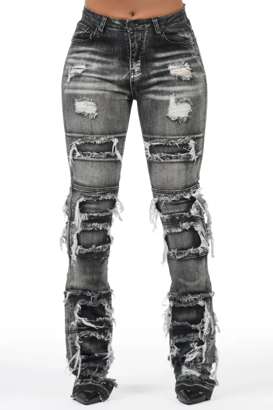 Amerya Grey Wash Distressed Stacked Flare Jean sold by Rockstar Original