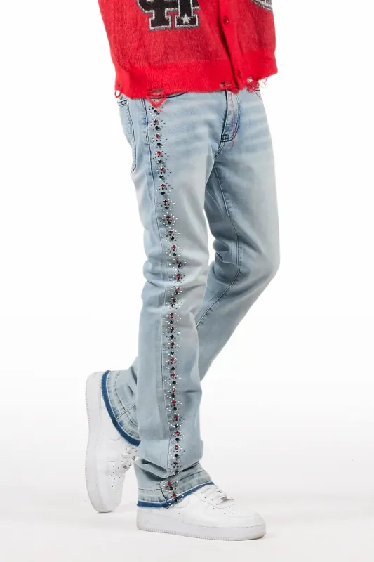 Ozi Rhinestone Light Blue Stacked Flare Jean sold by Rockstar Original
