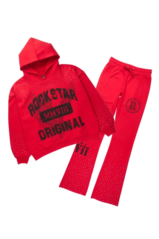Borya Red Rhinestone Hoodie/Stacked Pant Track Set sold by Rockstar Original
