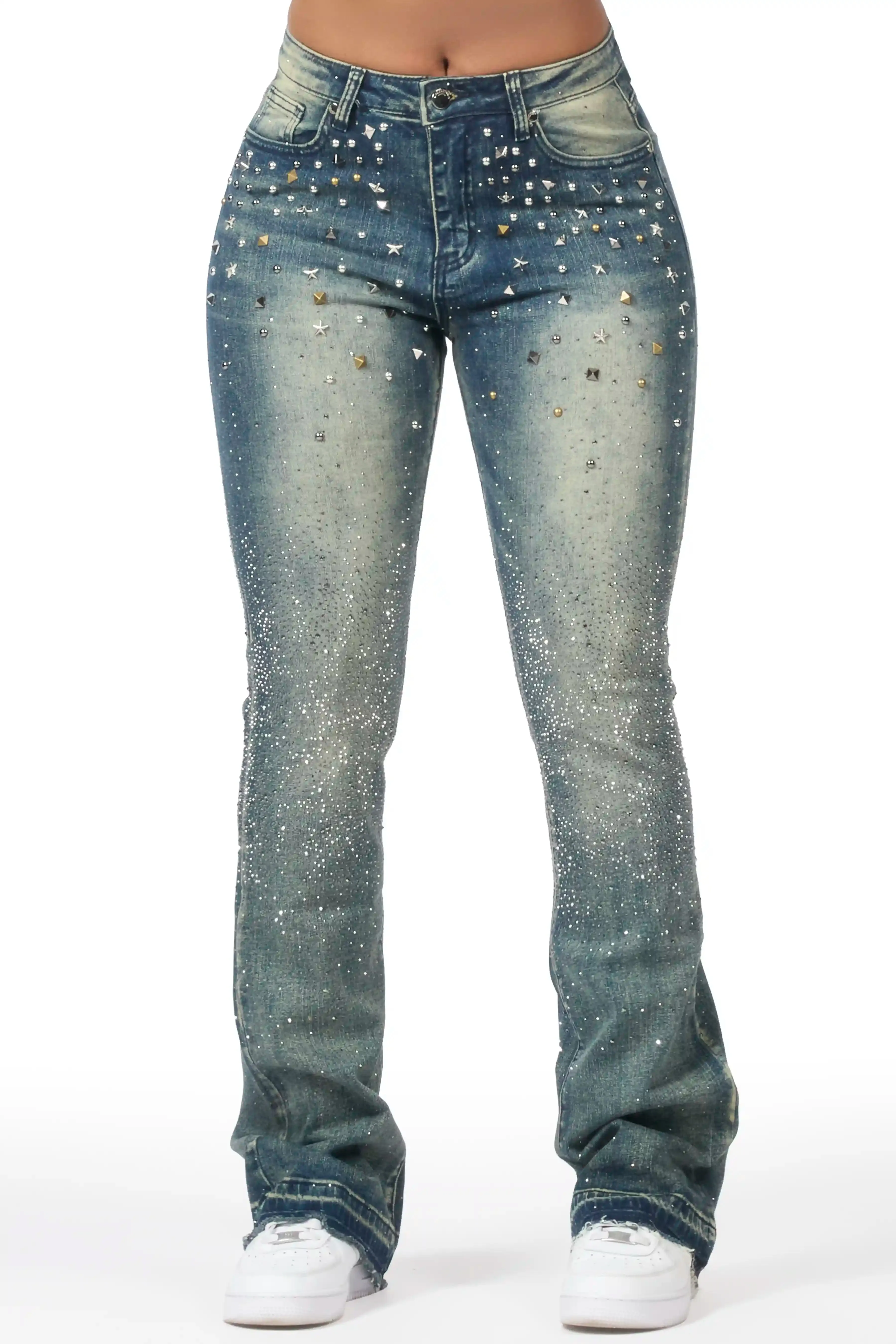 Starr Dark Wash Rhinestone Stacked Flare Jean sold by Rockstar Original