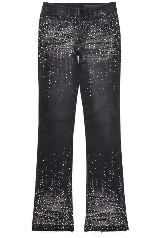 Maxton Dark Grey Rhinestone Stacked Flare Jean sold by Rockstar Original