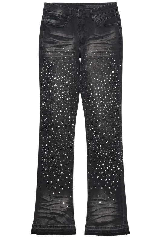 Twinkle Dark Grey Rhinestone Stacked Flare Jean sold by Rockstar Original