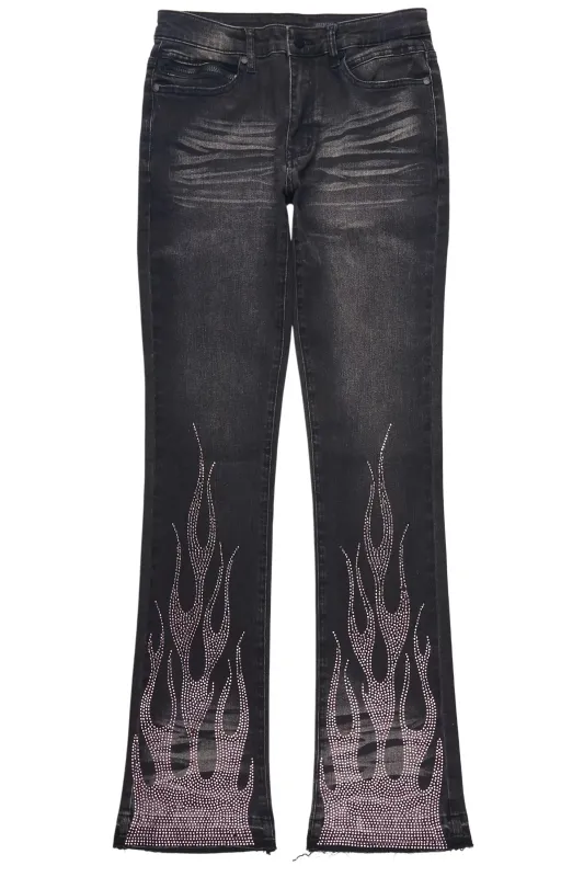 Samba Dark Grey/Pink Rhinestone Stacked Flare Jean made by Rockstar Original