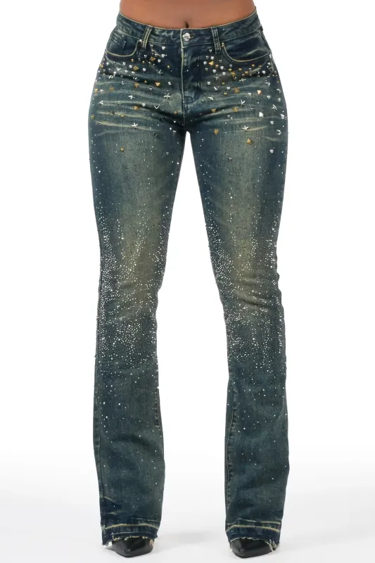 Starr Tinted Wash Rhinestone Stacked Flare Jean sold by Rockstar Original