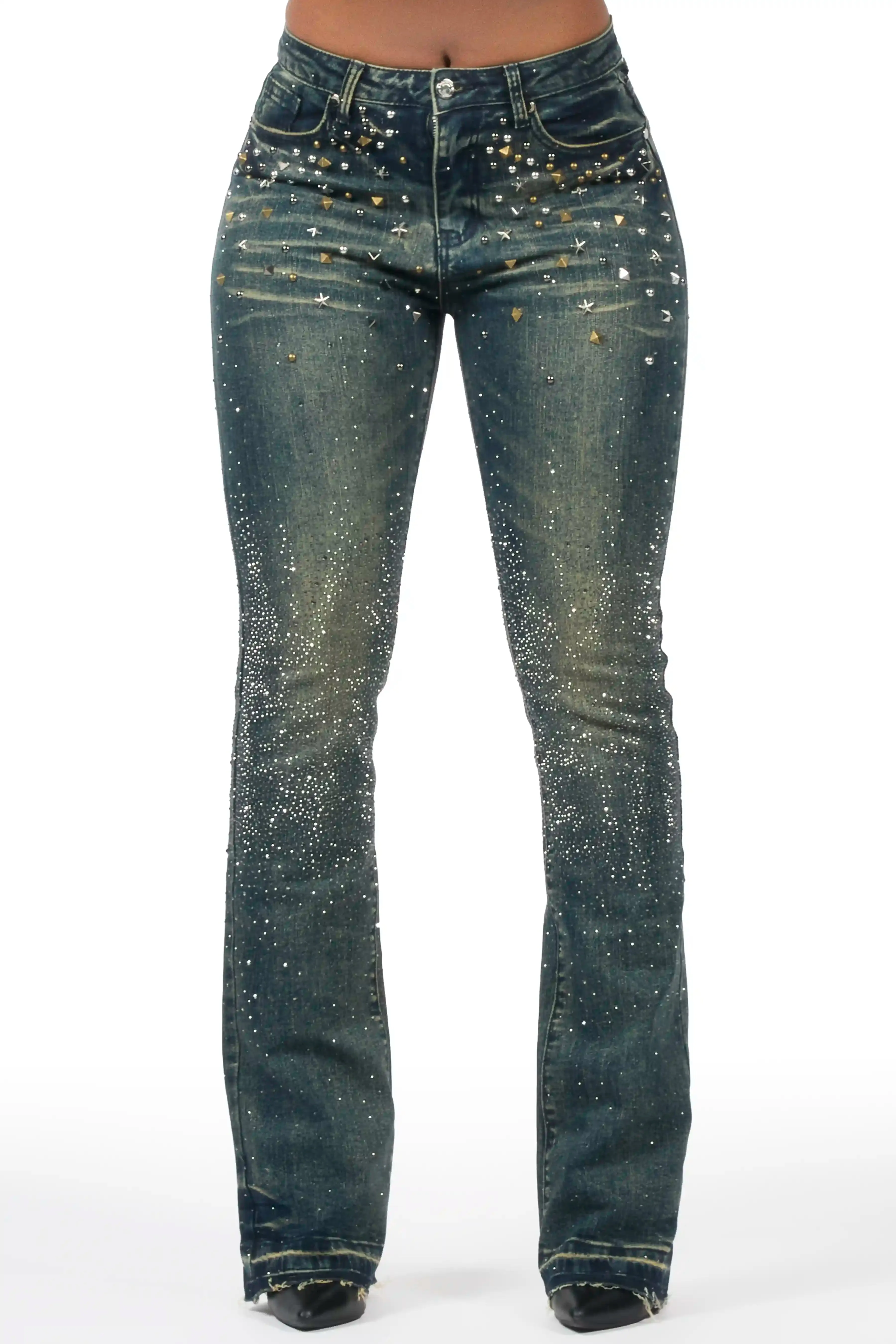 Starr Tinted Wash Rhinestone Stacked Flare Jean sold by Rockstar Original
