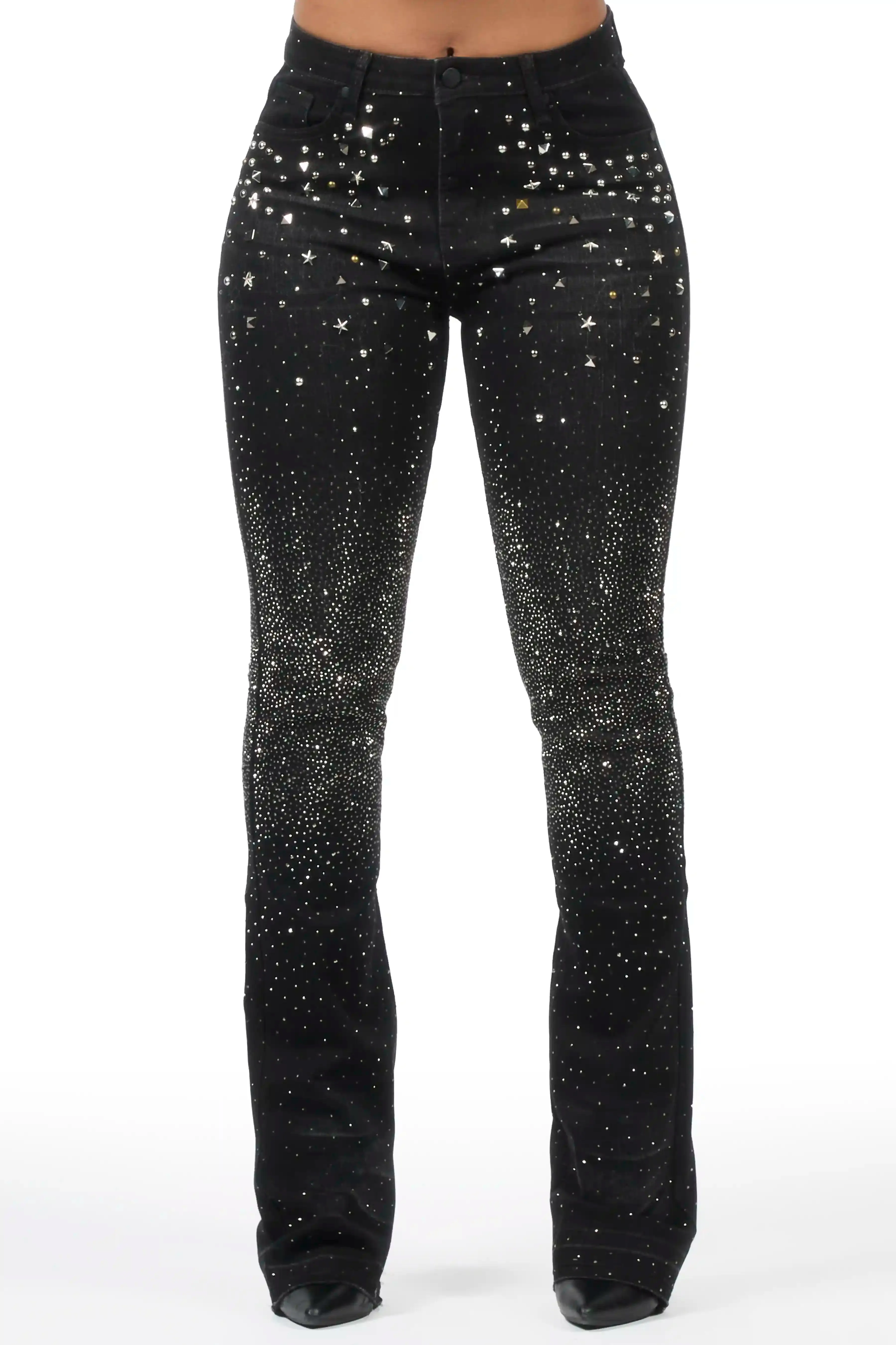 Starr Grey Wash Rhinestone Stacked Flare Jean sold by Rockstar Original