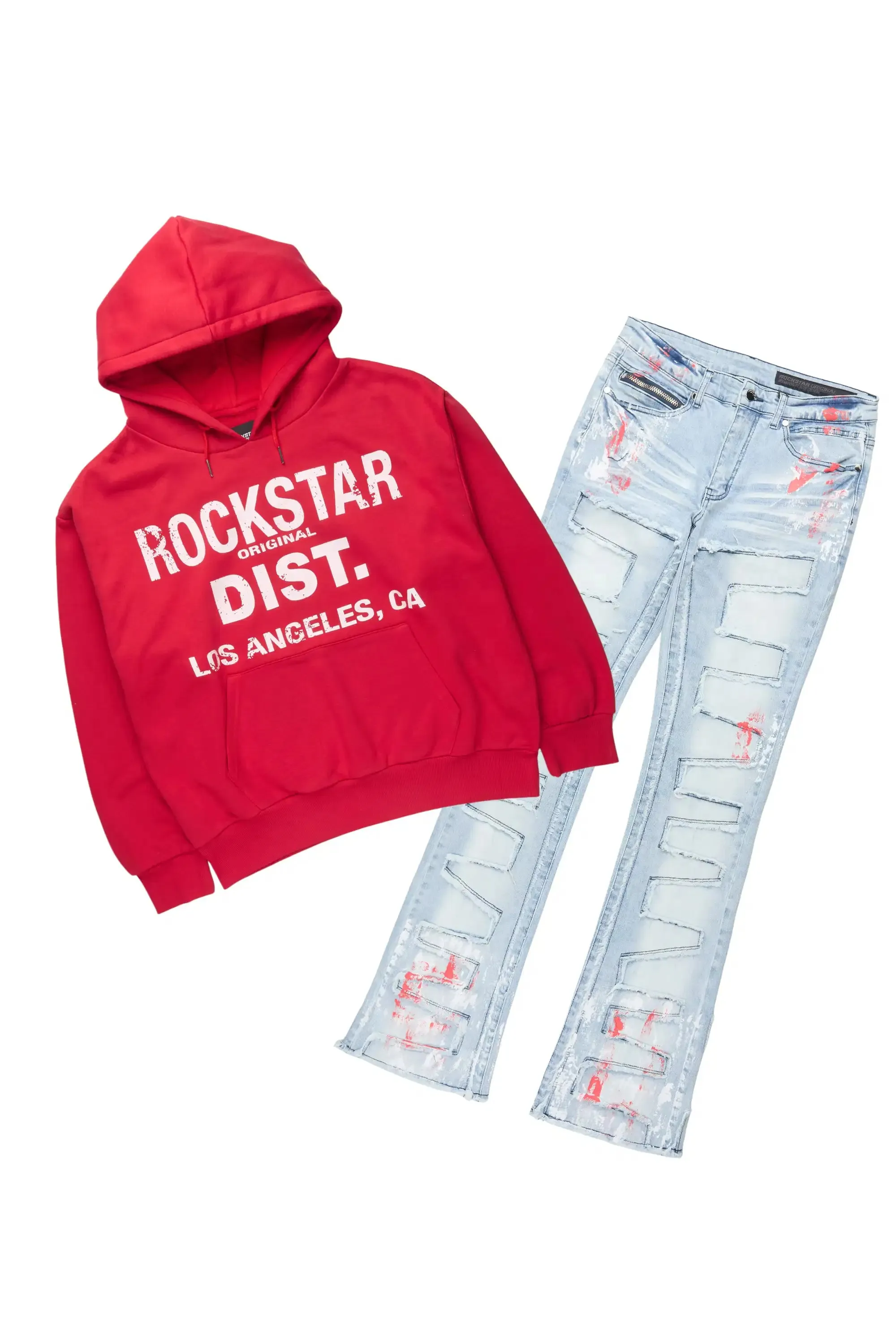Saxon Red/Blue Hoodie/Stacked Flare Jean Set sold by Rockstar Original