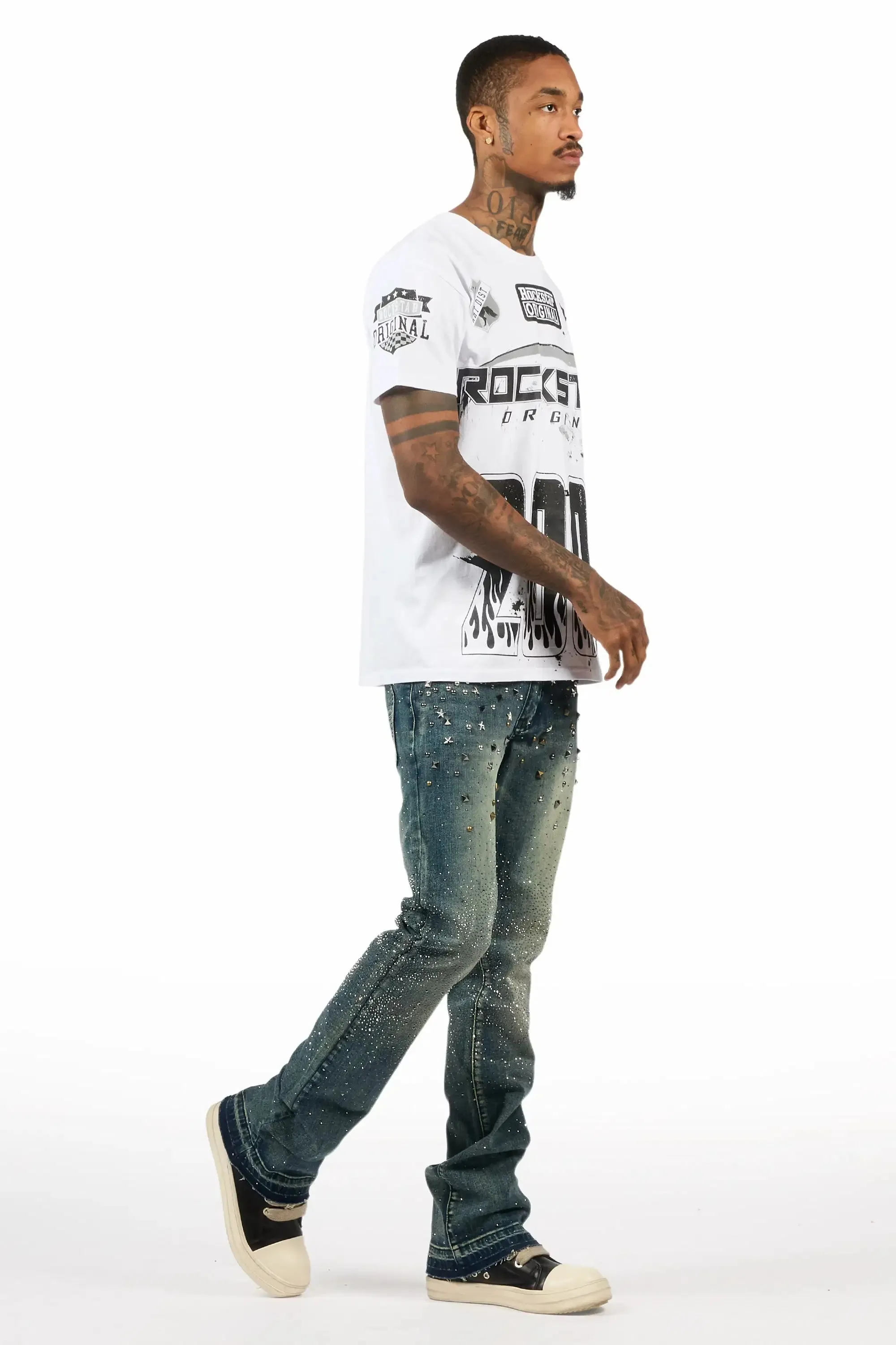 Onyx Dark Blue Studded Stacked Flare Jean sold by Rockstar Original product image thumbnail 4