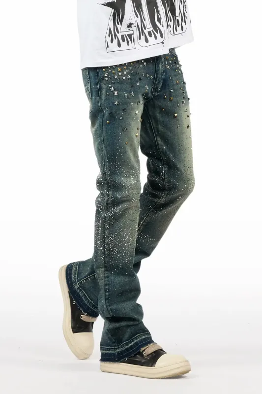 Onyx Dark Blue Studded Stacked Flare Jean made by Rockstar Original