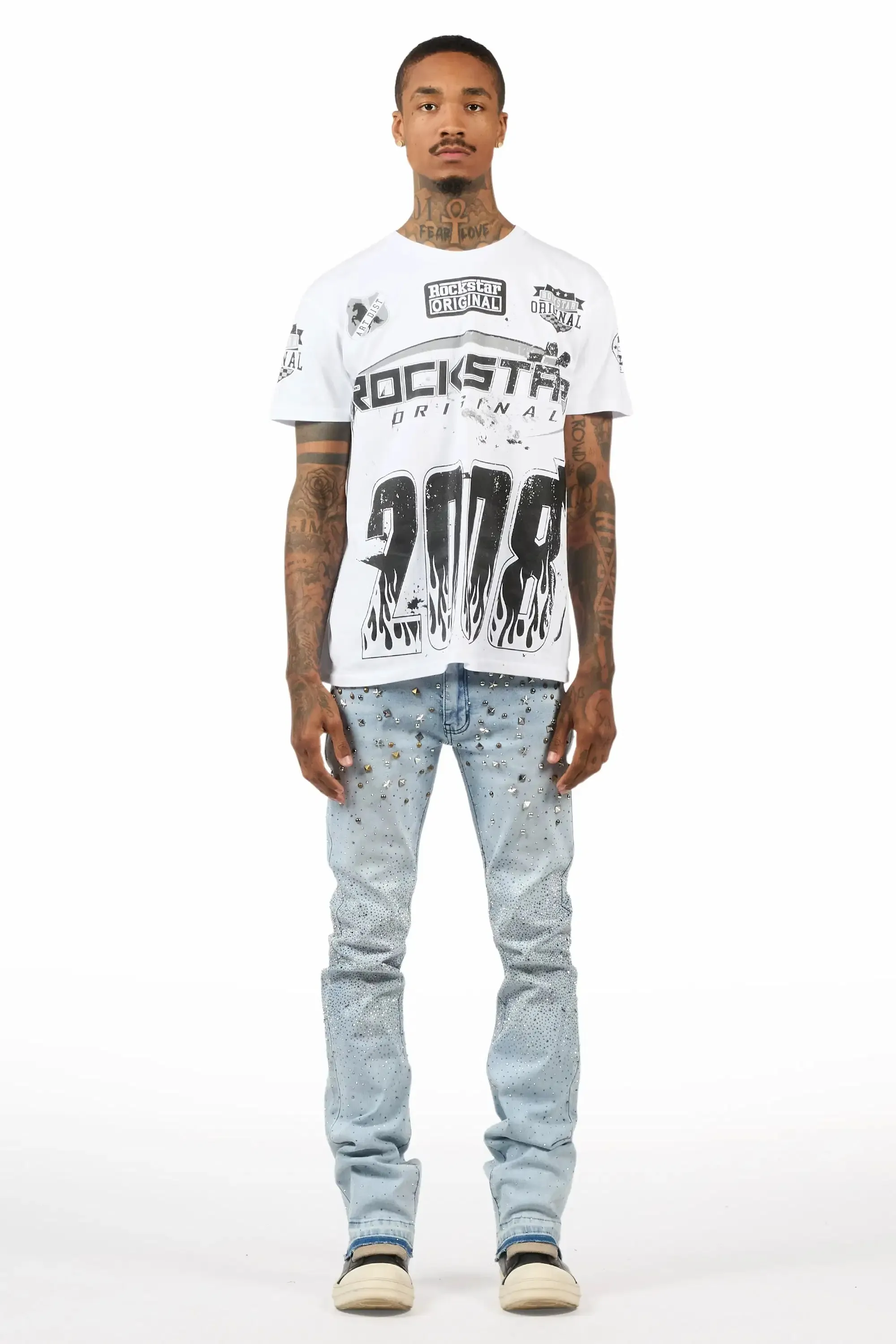 Onyx Light Blue Studded Stacked Flare Jean sold by Rockstar Original product image thumbnail 3