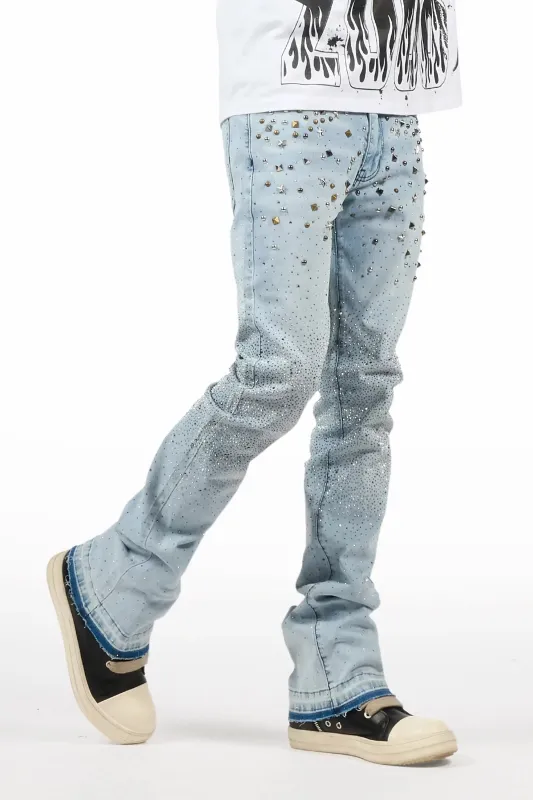 Onyx Light Blue Studded Stacked Flare Jean sold by Rockstar Original