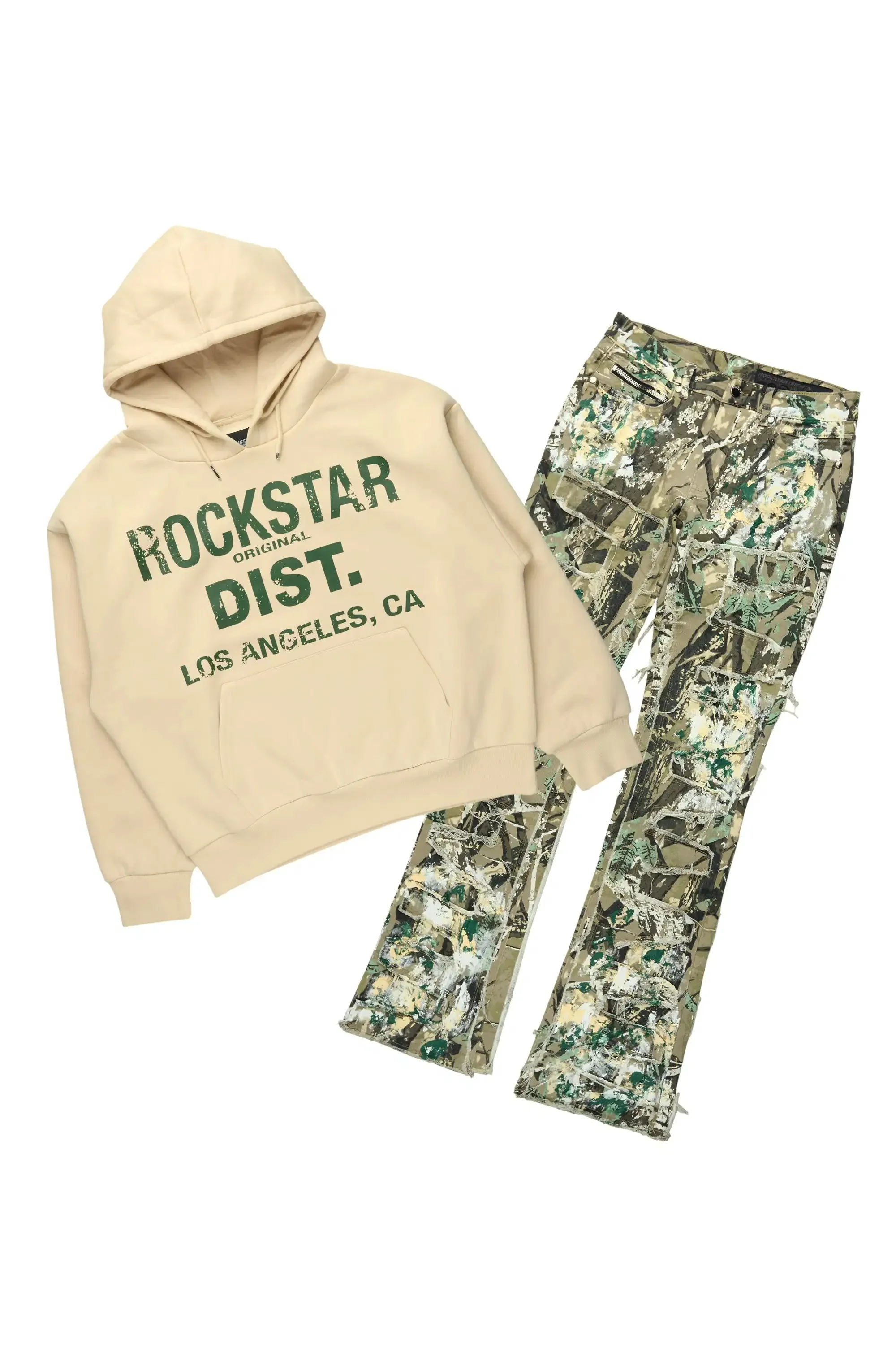 Saxon Beige Camo Hoodie/Stacked Flare Jean Set sold by Rockstar Original