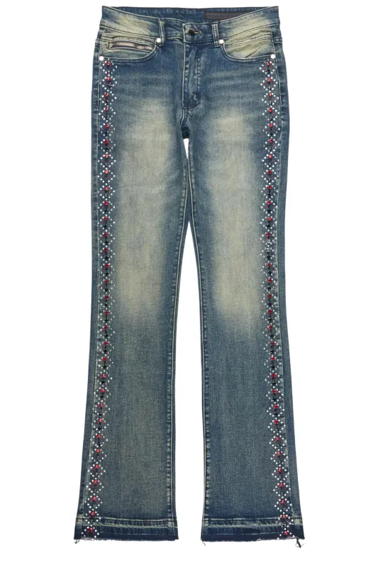 Ozi Rhinestone Tint Blue Stacked Flare Jean sold by Rockstar Original
