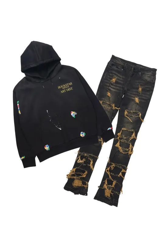 Palmer Black Relaxed Hoodie & Vasco Tint Grey Stacked Flare Jean Set made by Rockstar Original