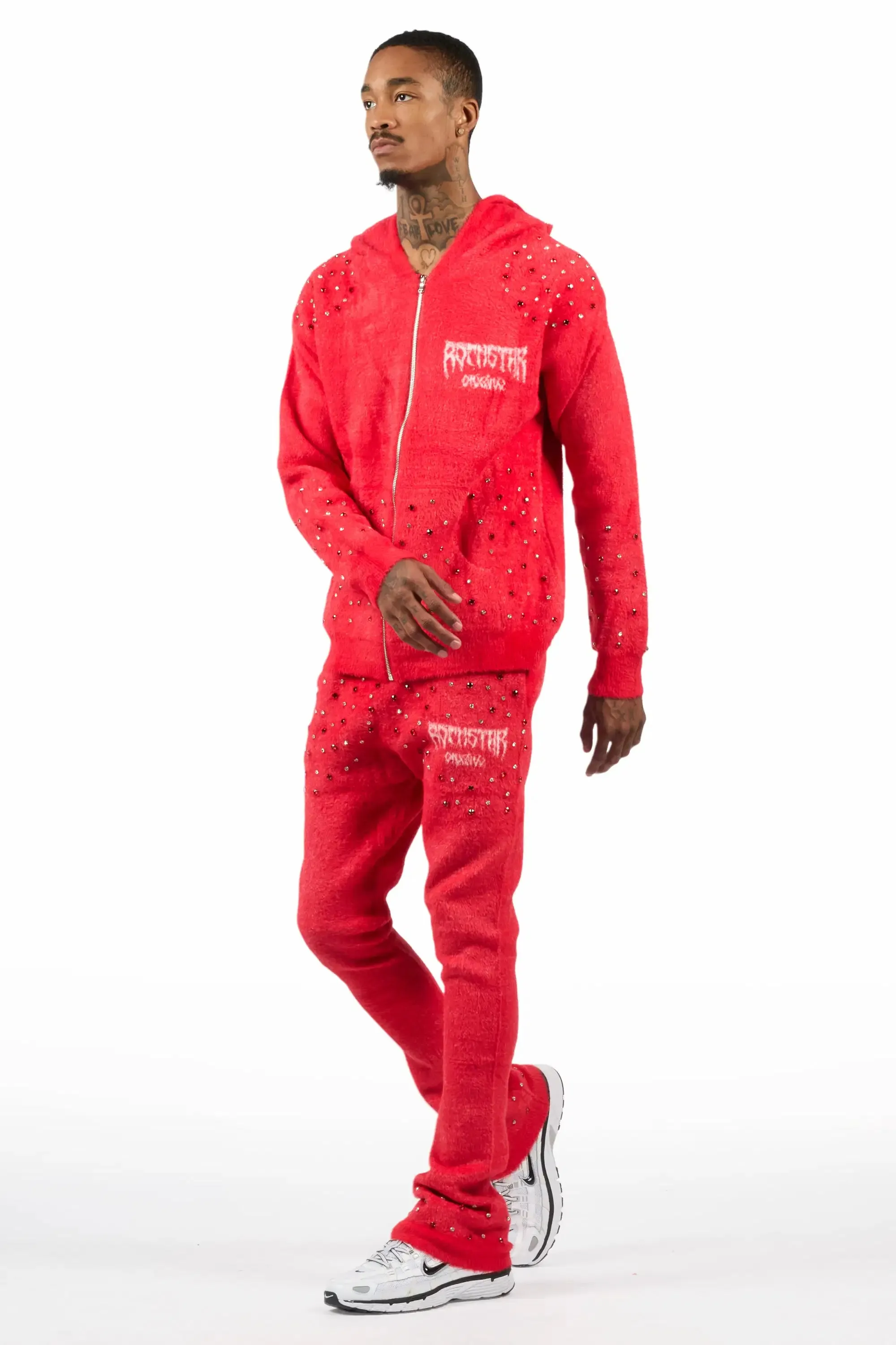 Lapiz Red Rhinestone Mohair Knit Stacked Flare Track Set sold by Rockstar Original product image thumbnail 4
