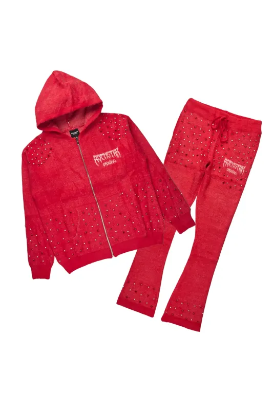 Lapiz Red Rhinestone Mohair Knit Stacked Flare Track Set made by Rockstar Original
