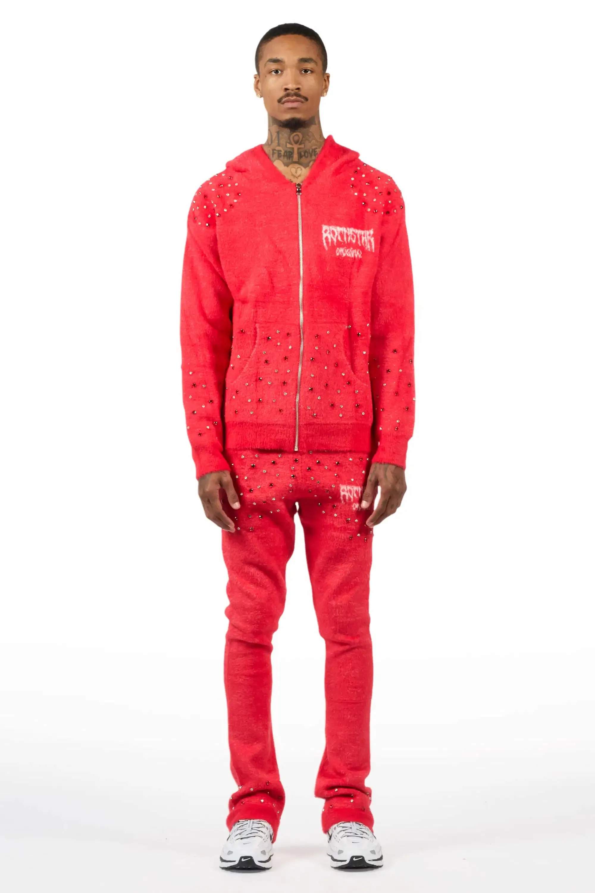 Lapiz Red Rhinestone Mohair Knit Stacked Flare Track Set sold by Rockstar Original product image thumbnail 2