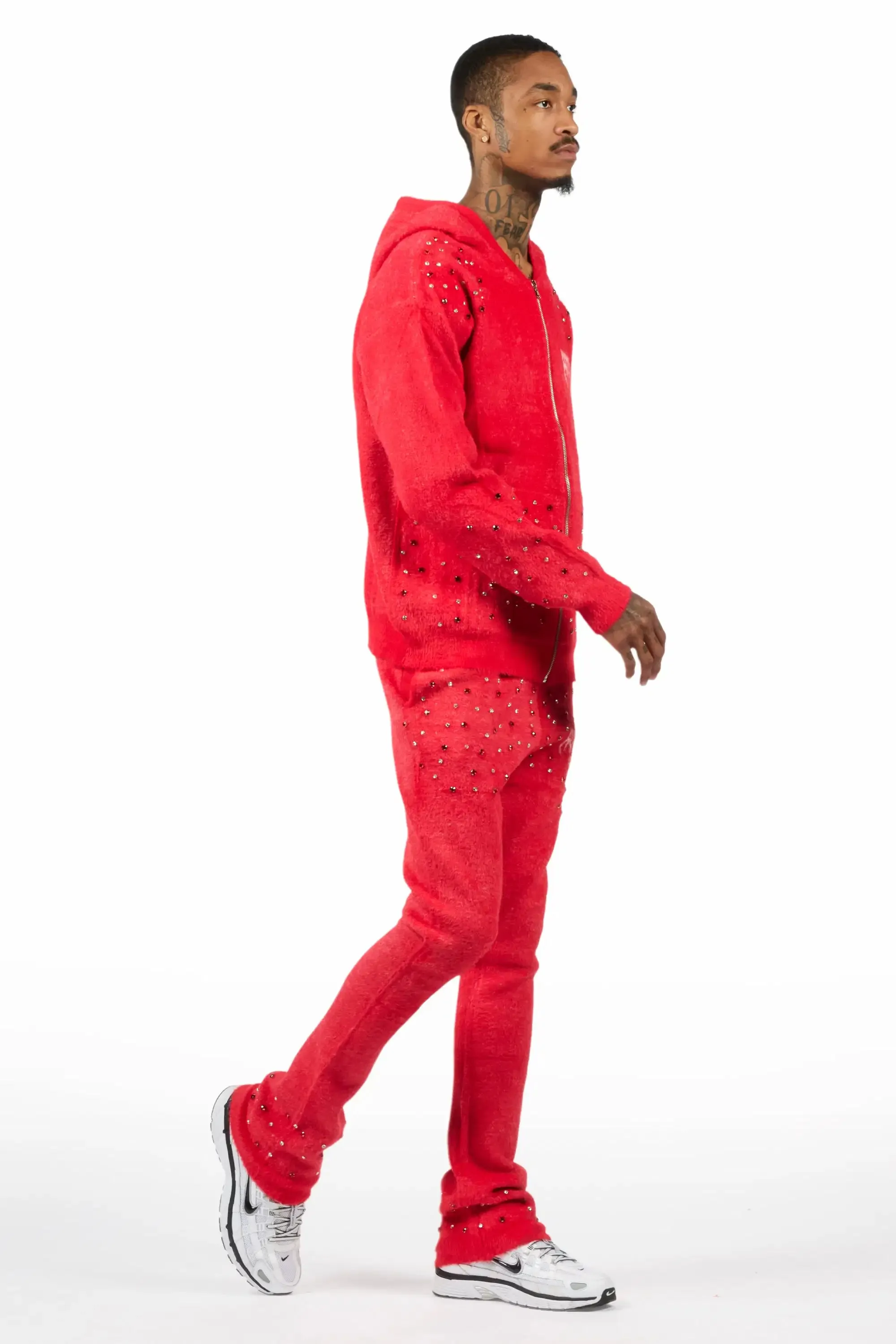 Lapiz Red Rhinestone Mohair Knit Stacked Flare Track Set sold by Rockstar Original product image thumbnail 3