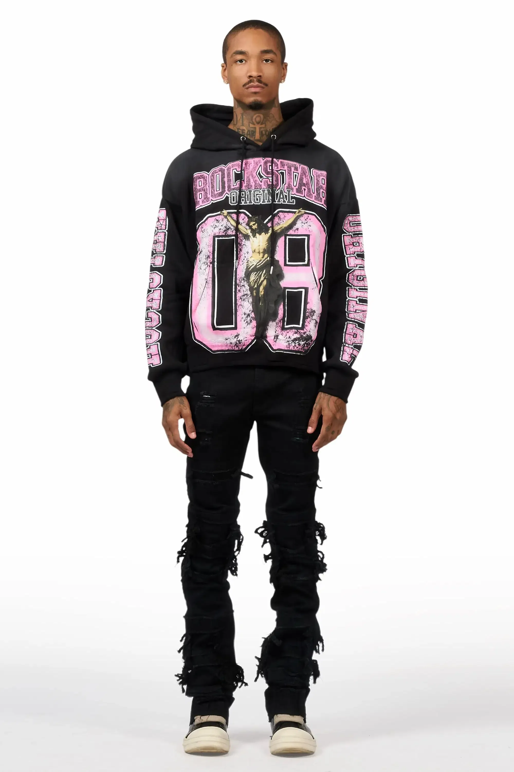 Fields Black Relaxed Hoodie & Vasco Jet Black Stacked Flare Jean Set sold by Rockstar Original