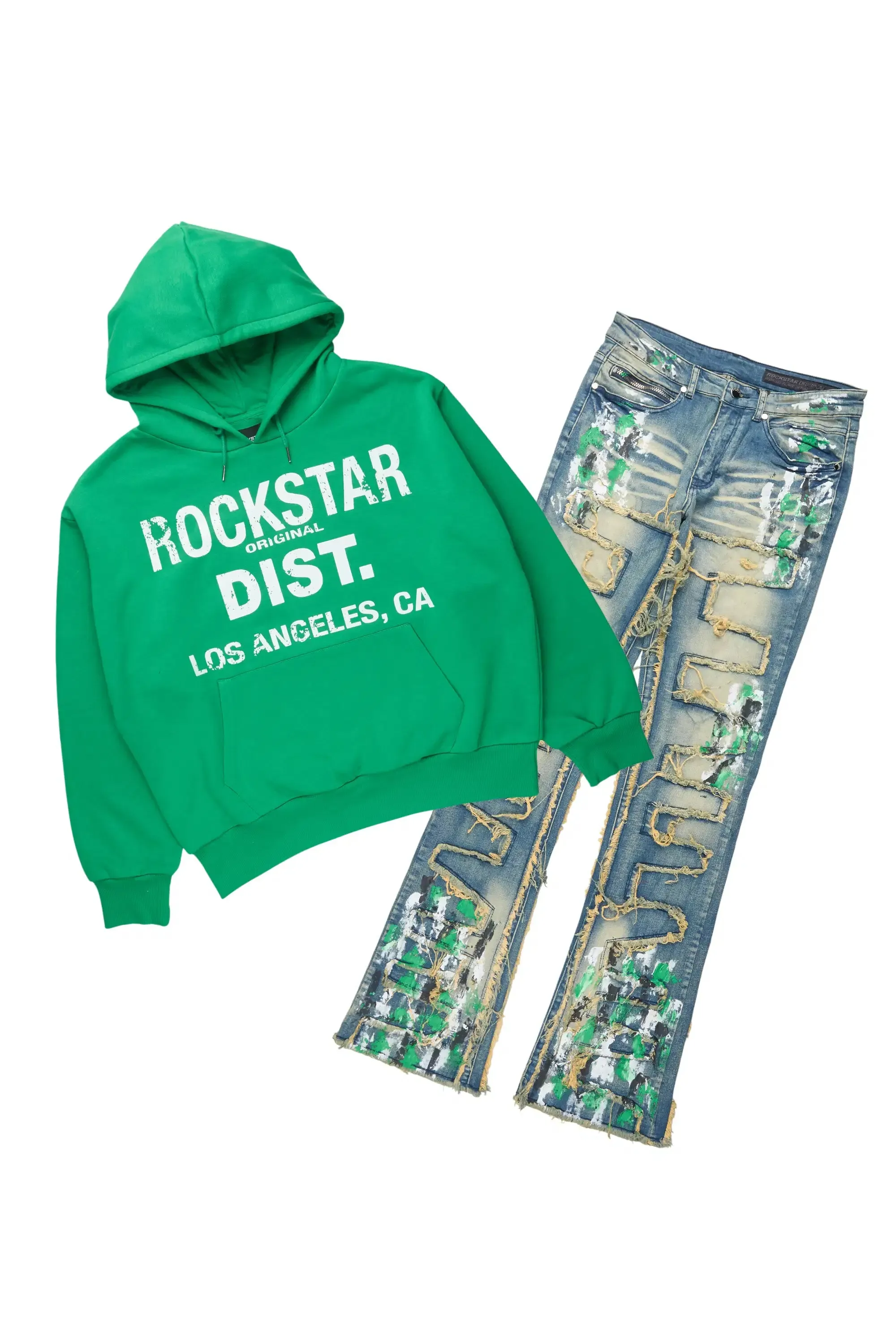 Saxon Green/Blue Hoodie/Stacked Flare Jean Set sold by Rockstar Original