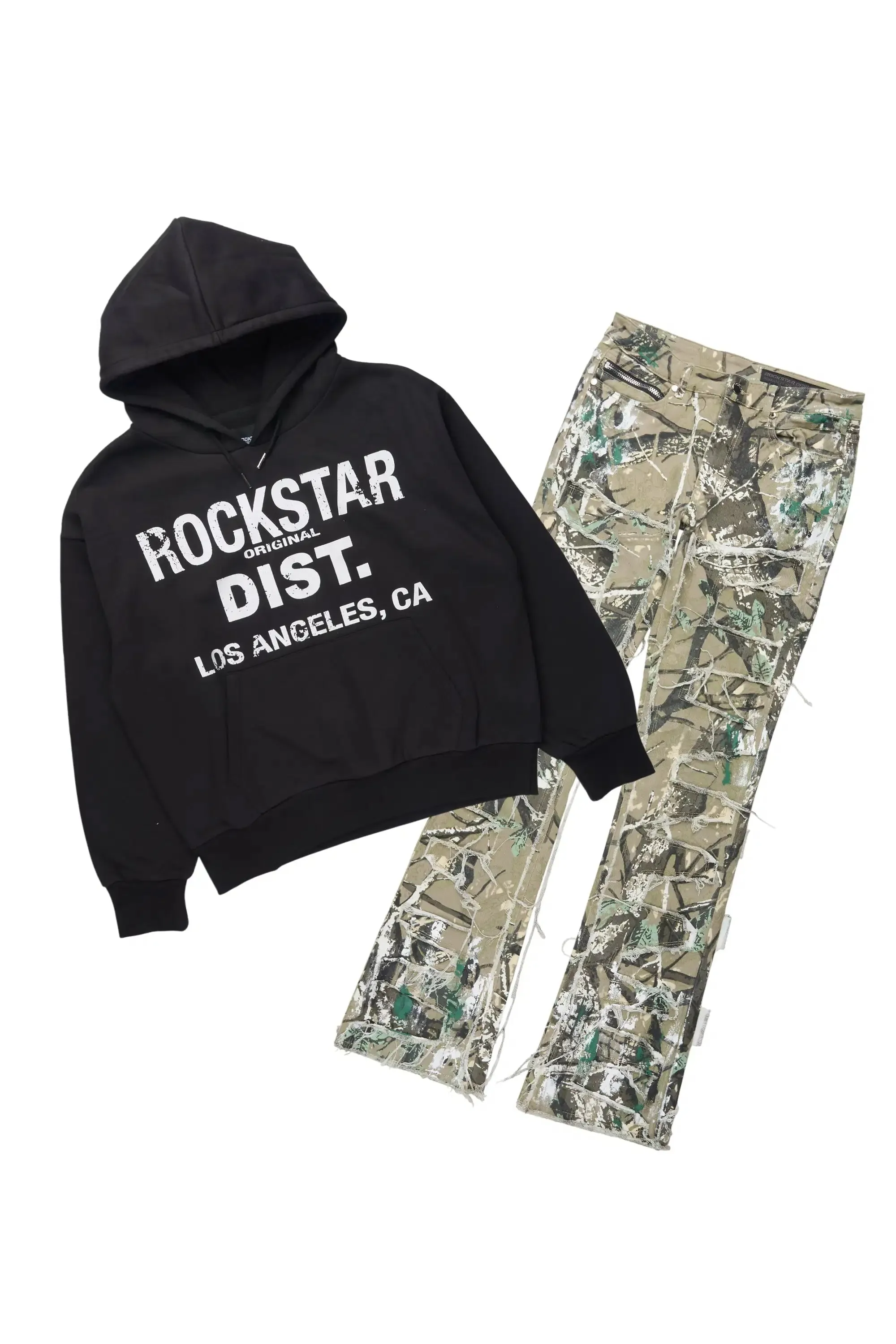 Saxon Black/Camo Hoodie/Stacked Flare Jean Set sold by Rockstar Original