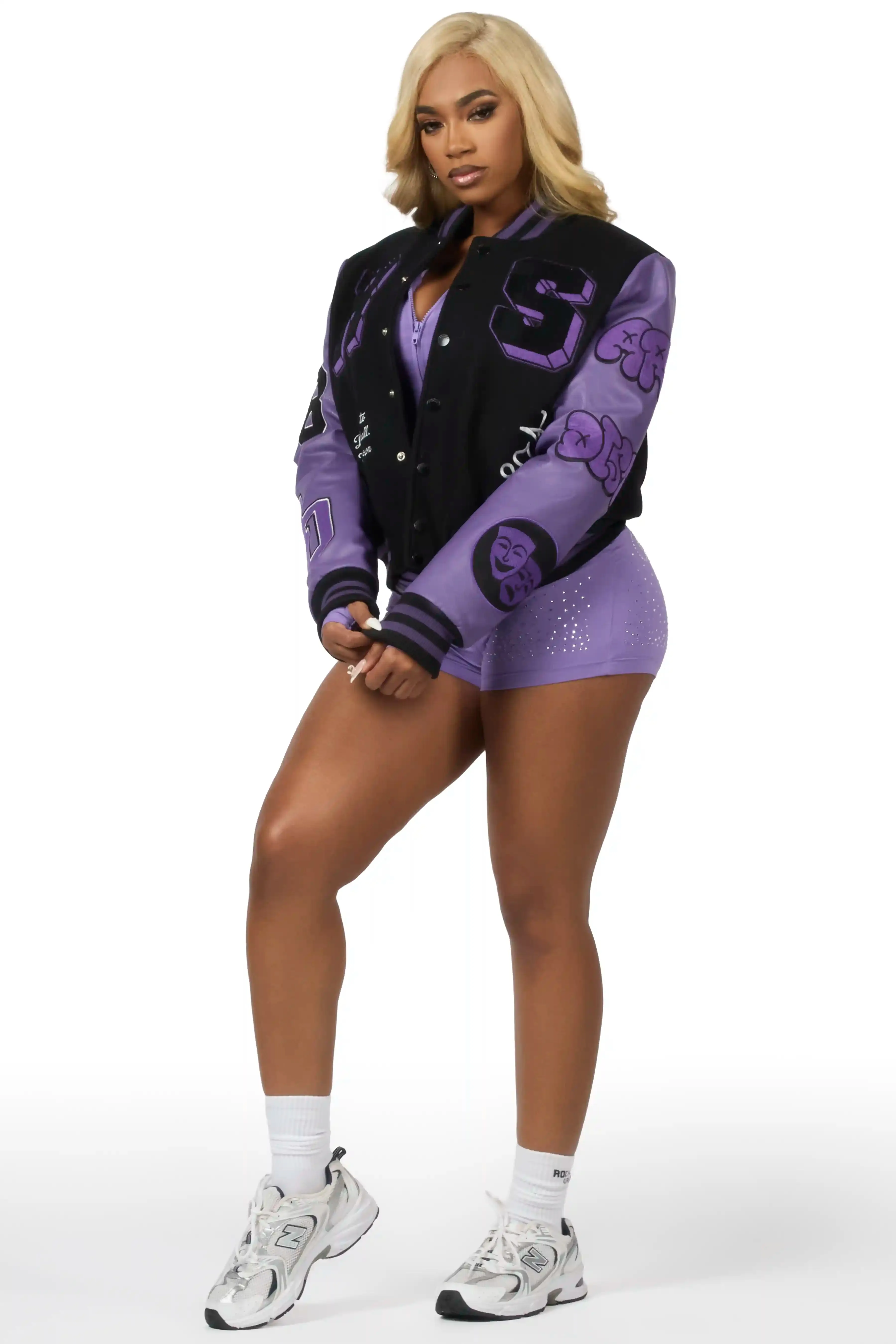 Leslee Black/Purple Oversized Varsity Jacket sold by Rockstar Original product image thumbnail 5